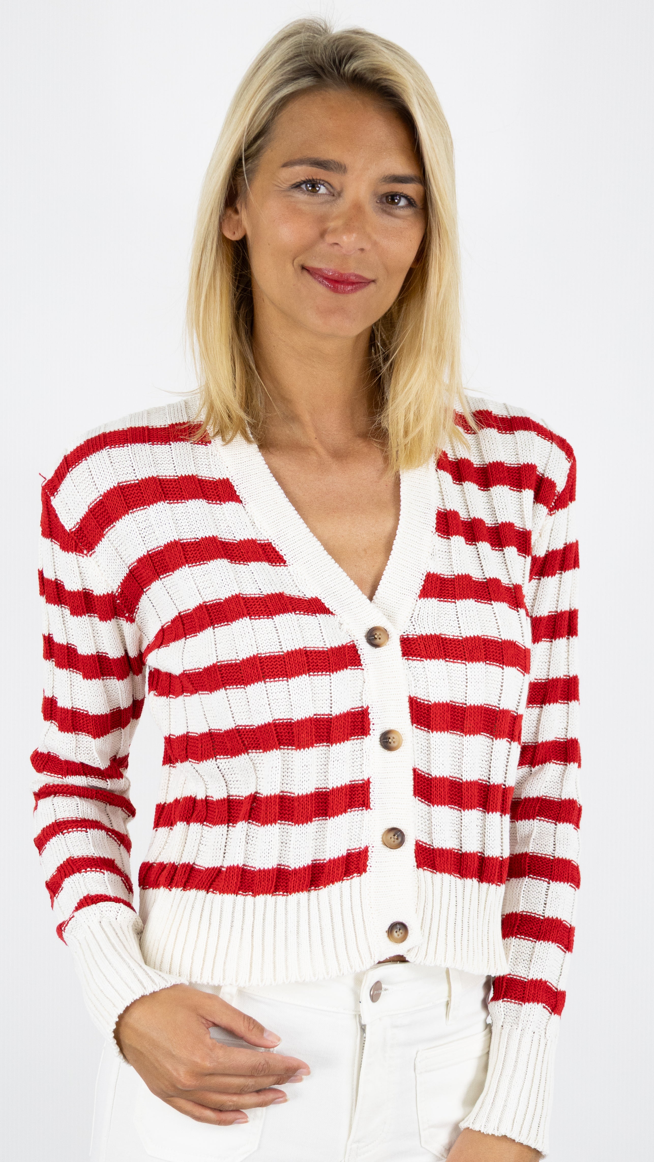 GILET V MARINIERE BEIGE rougeSTUDIO PARISIEN 21170#color_BEIGE/ROUGE