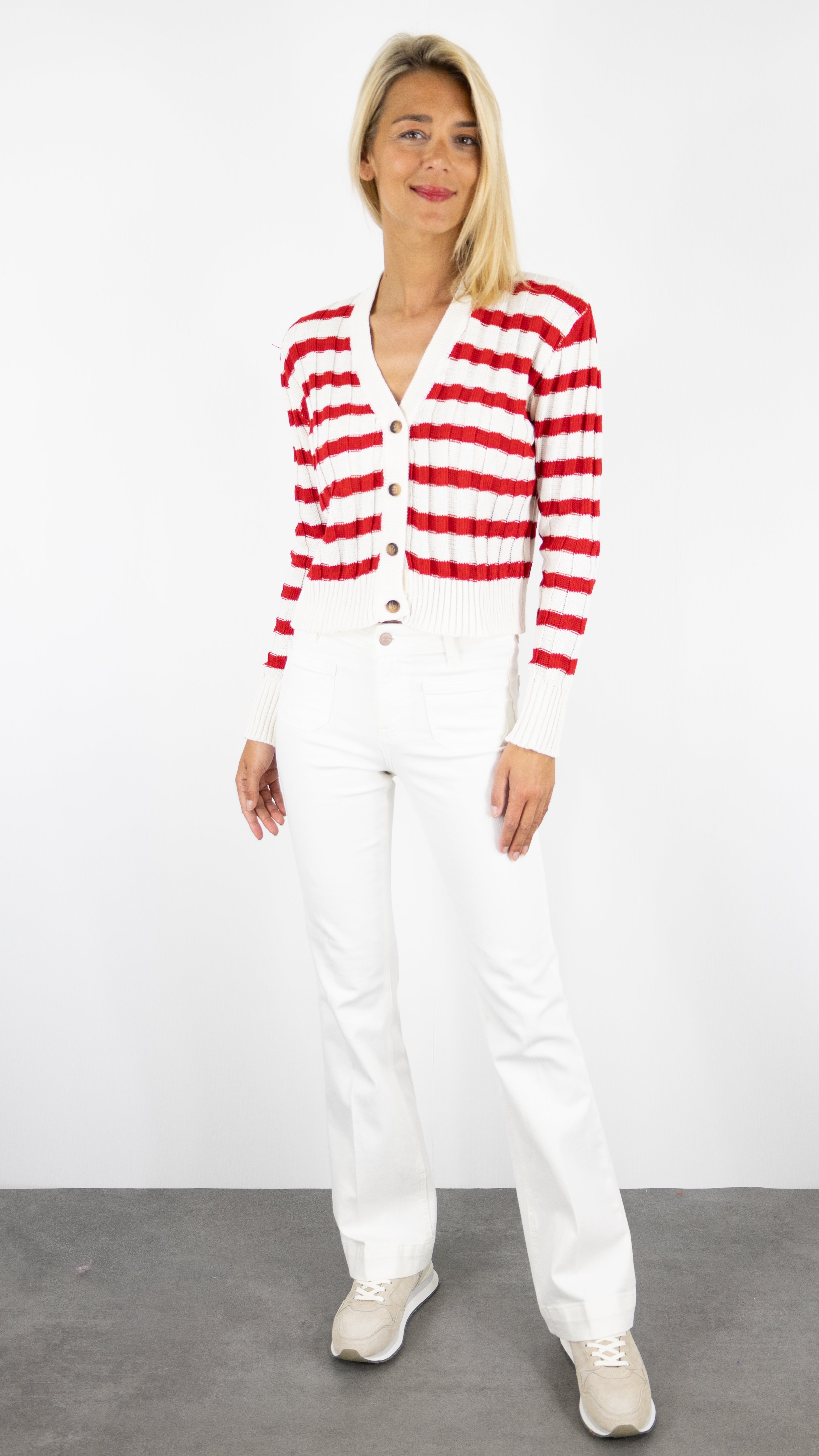 GILET V MARINIERE BEIGE rougeSTUDIO PARISIEN 21170#color_BEIGE/ROUGE