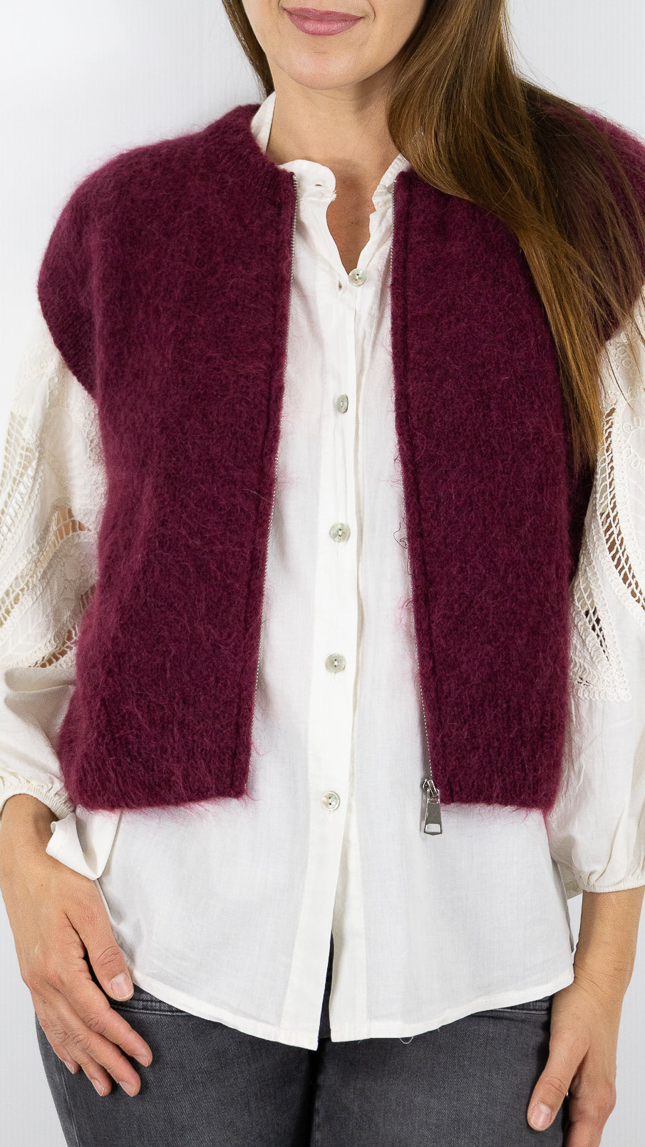 CARDIGAN ZIPPE EN MOHAIR NAIS 24144#COLOR_BORDEAUX