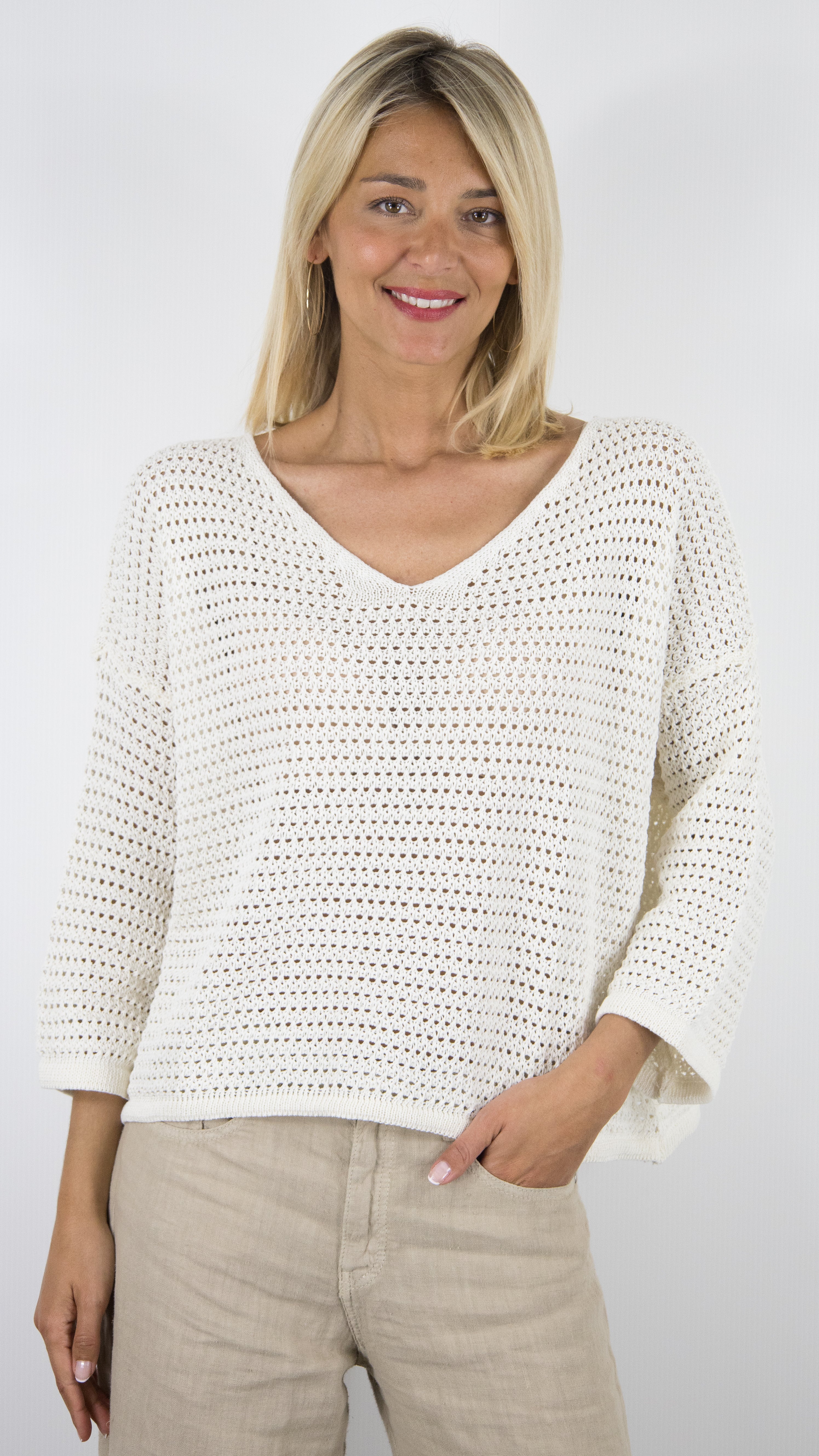 PULL V AMPLE EN CROCHET ECRU POUR FEMME NAIS 24156