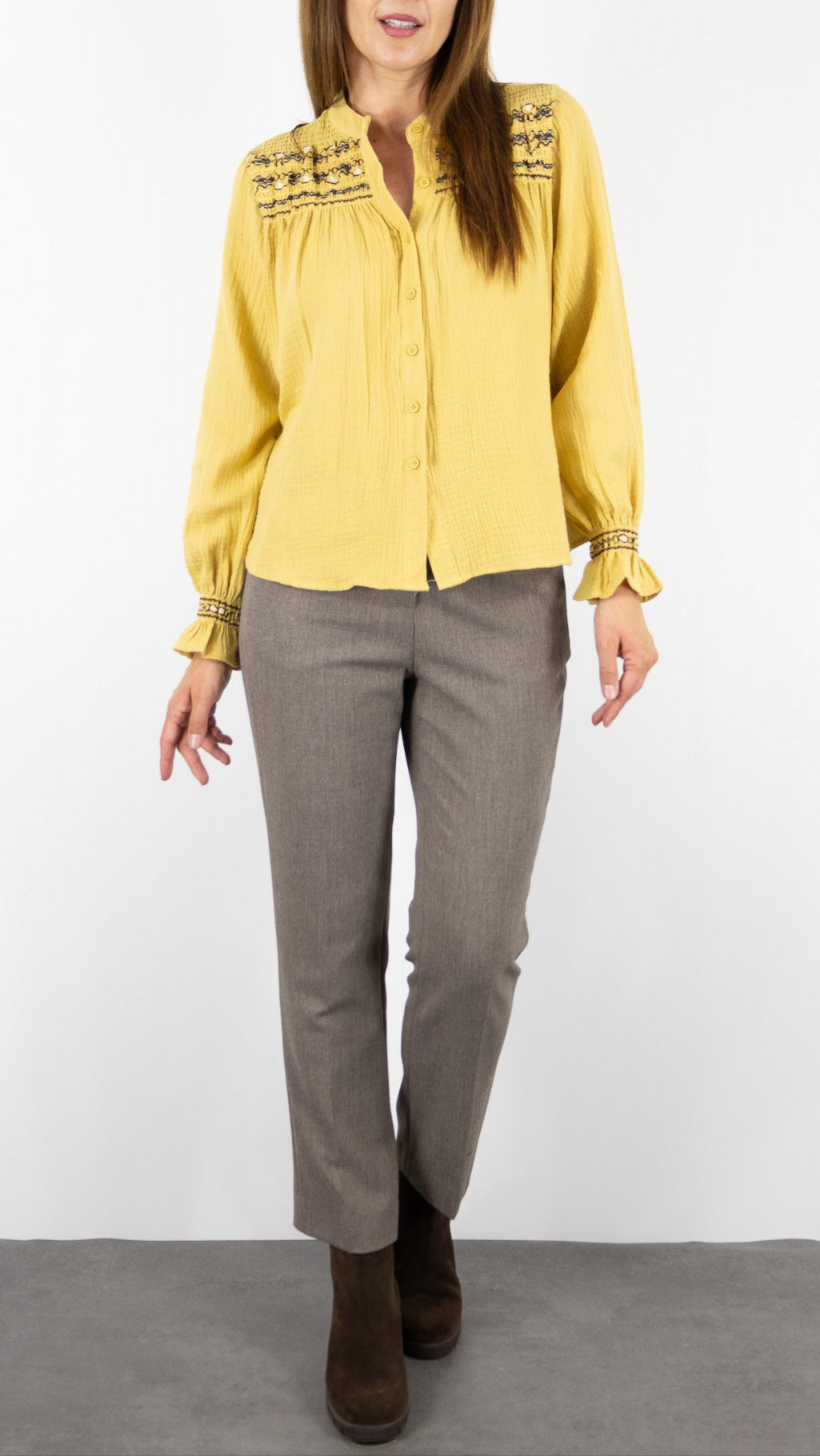 CHEMISE BRODEE EN GAZE DE COTON OCRE LILI ET LALA 24266#COLOR_OCRE