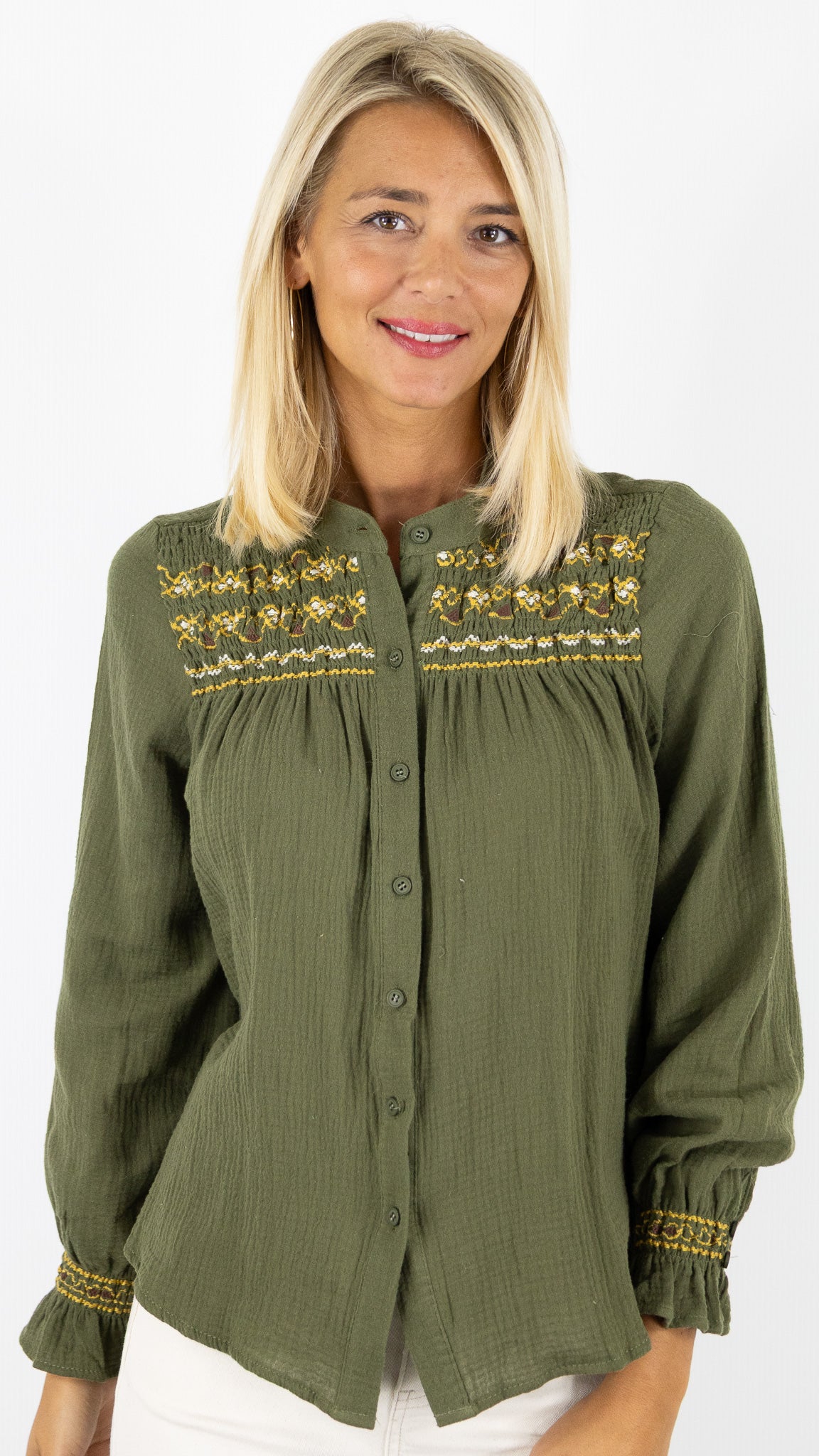 CHEMISE BRODEE EN GAZE DE COTON OCRE LILI ET LALA 24266#COLOR_KAKI