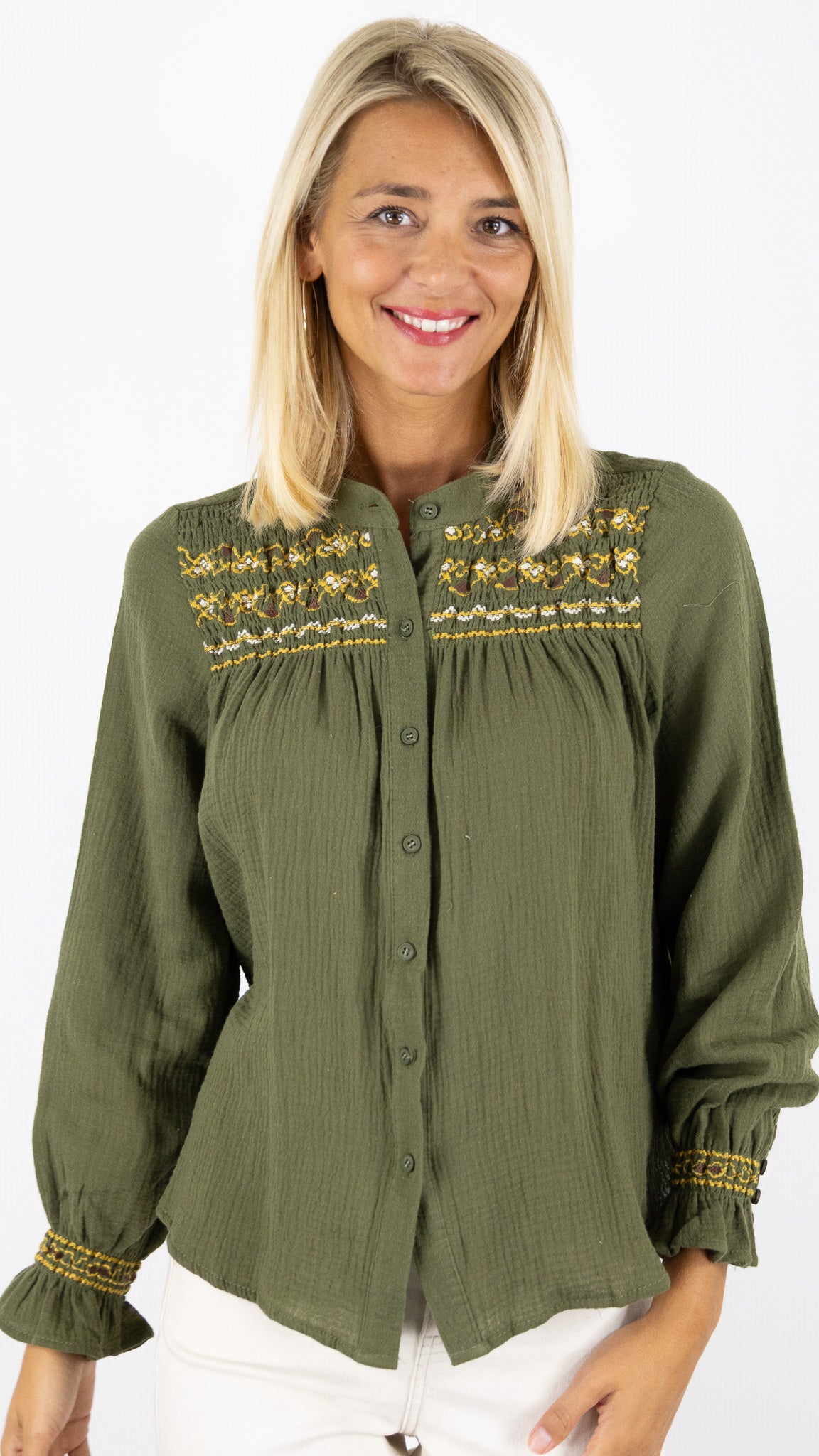 CHEMISE BRODEE EN GAZE DE COTON OCRE LILI ET LALA 24266#COLOR_KAKI