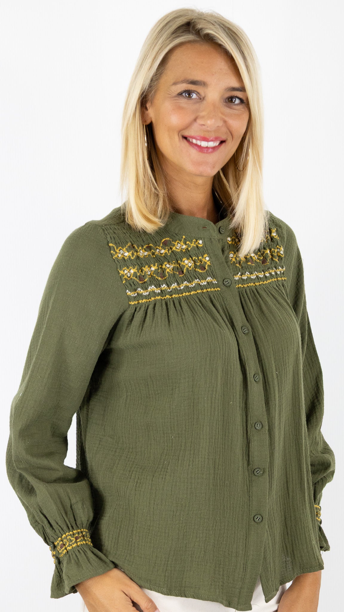 CHEMISE BRODEE EN GAZE DE COTON OCRE LILI ET LALA 24266#COLOR_KAKI