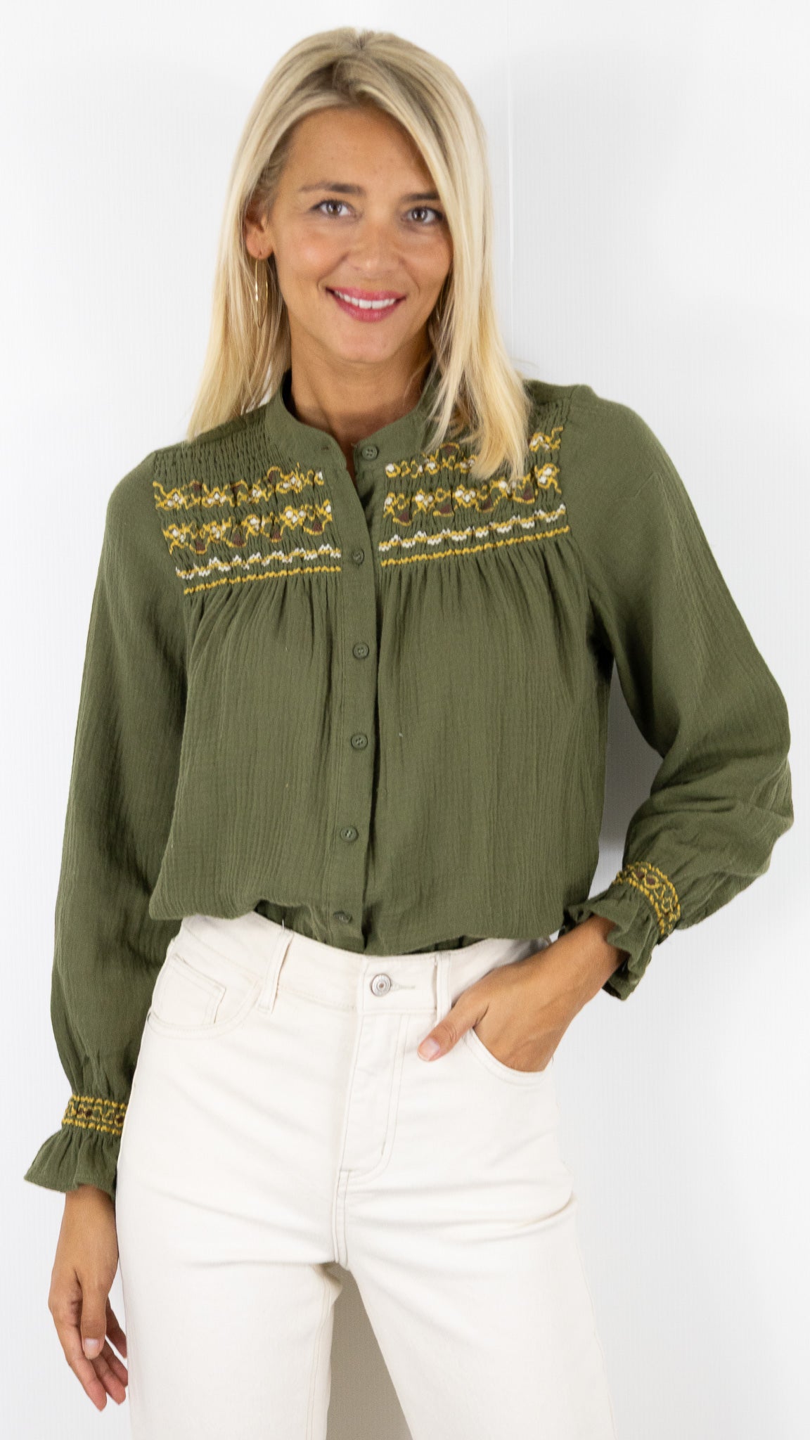 CHEMISE BRODEE EN GAZE DE COTON OCRE LILI ET LALA 24266#COLOR_KAKI