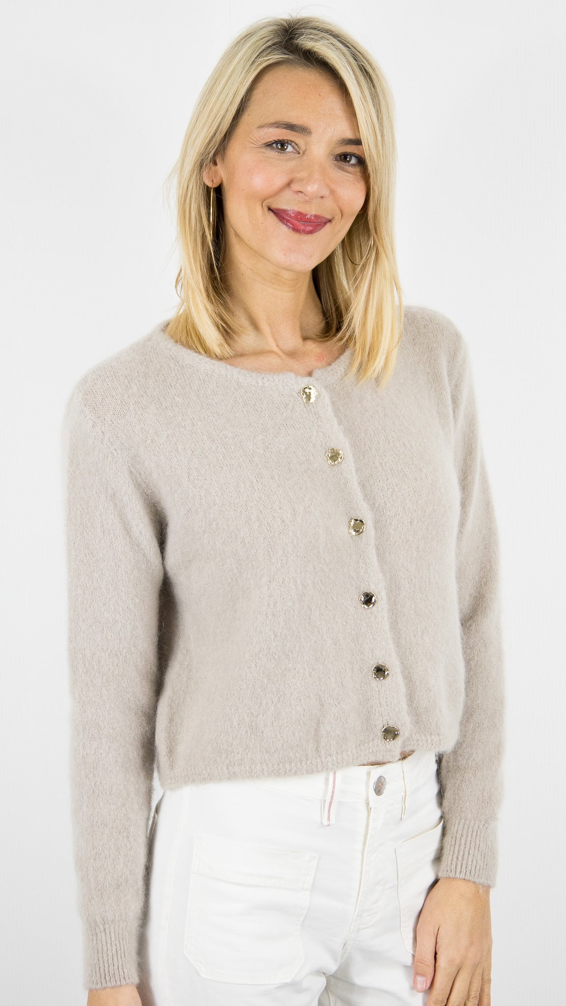 CARDIGAN COURT EN KID MOHAIR POUR FEMME ANDROMEDE 24288#COLOR_BEIGE