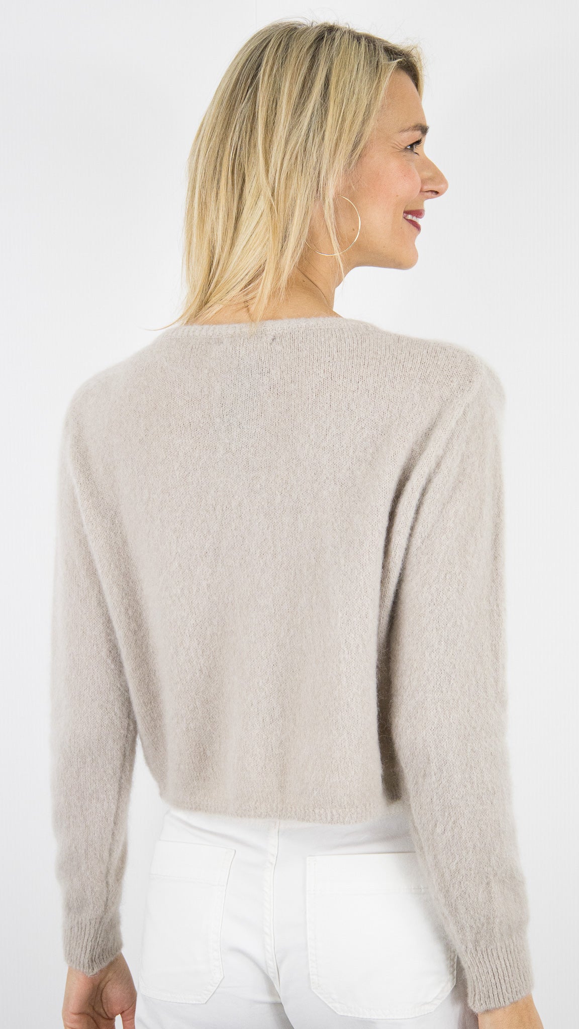 CARDIGAN COURT EN KID MOHAIR POUR FEMME ANDROMEDE 24288#COLOR_BEIGE