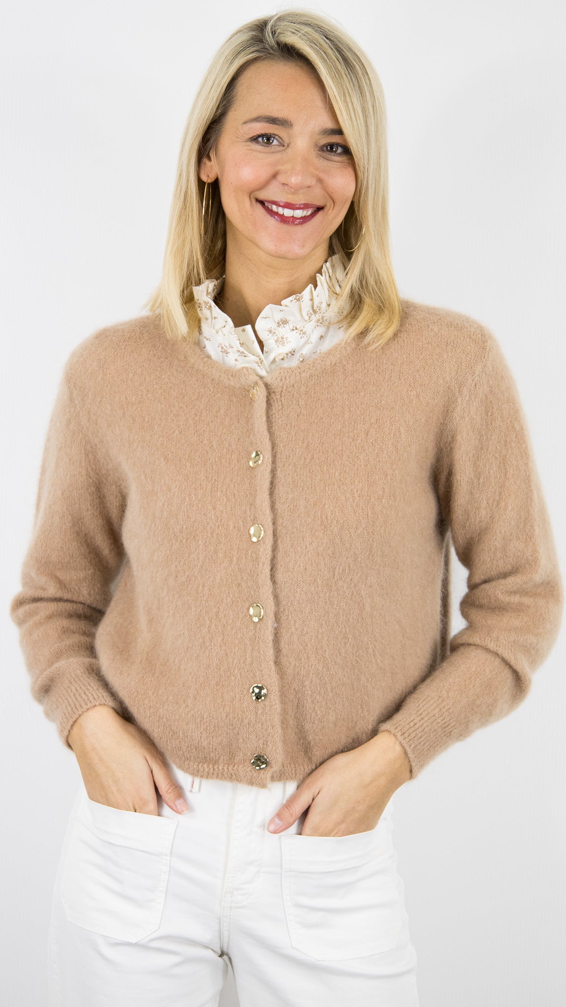 CARDIGAN COURT EN KID MOHAIR POUR FEMME ANDROMEDE 24288#COLOR_CAMEL