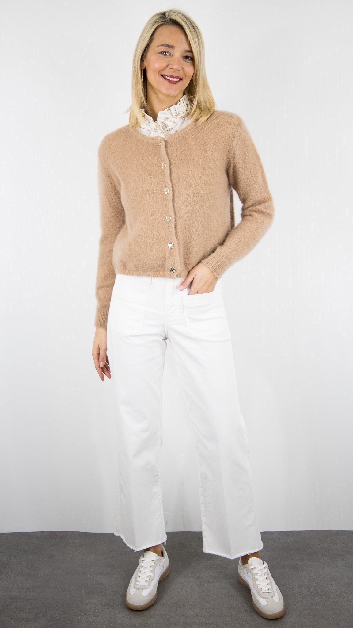 CARDIGAN COURT EN KID MOHAIR POUR FEMME ANDROMEDE 24288#COLOR_CAMEL