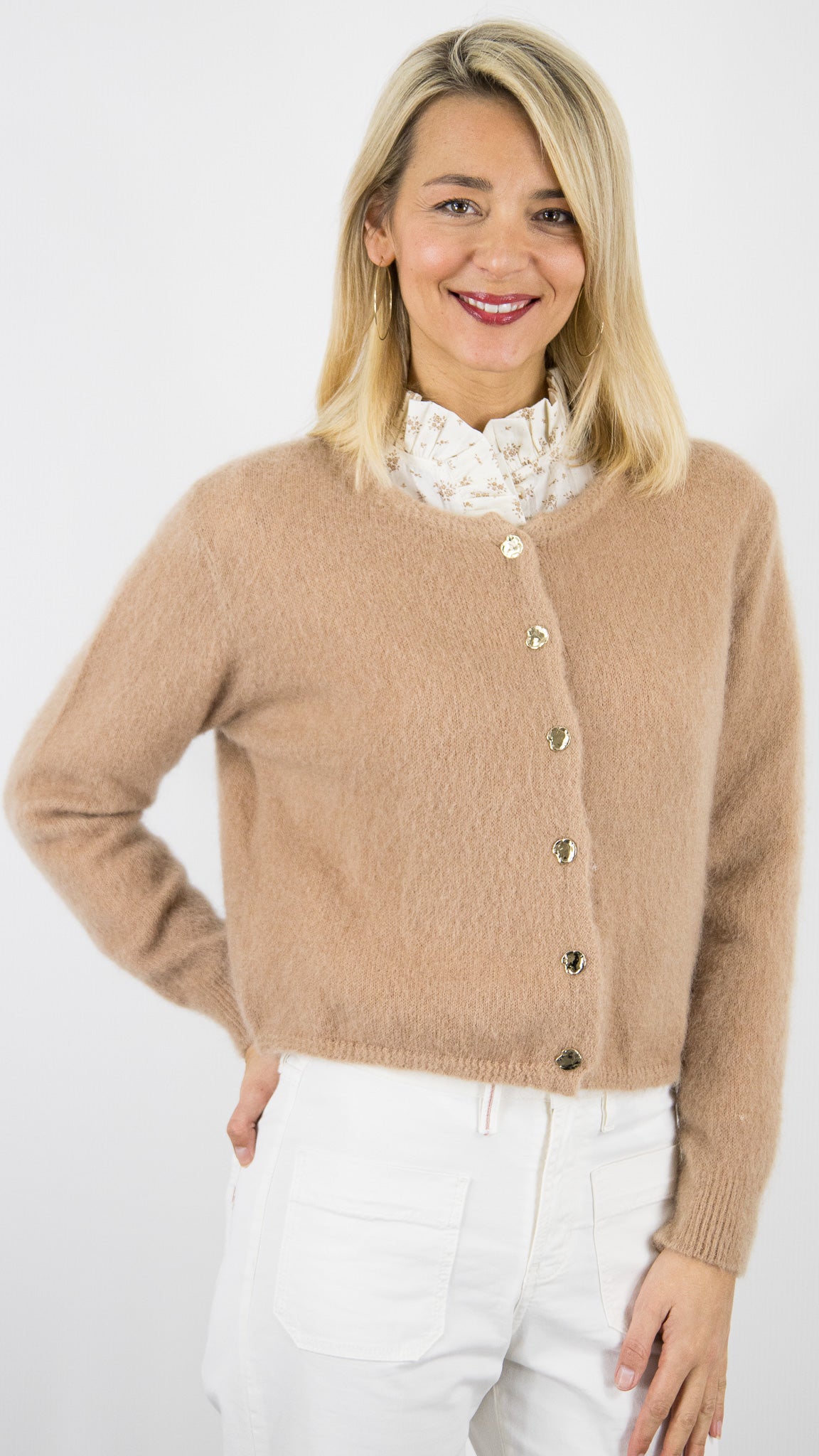 CARDIGAN COURT EN KID MOHAIR POUR FEMME ANDROMEDE 24288#COLOR_CAMEL