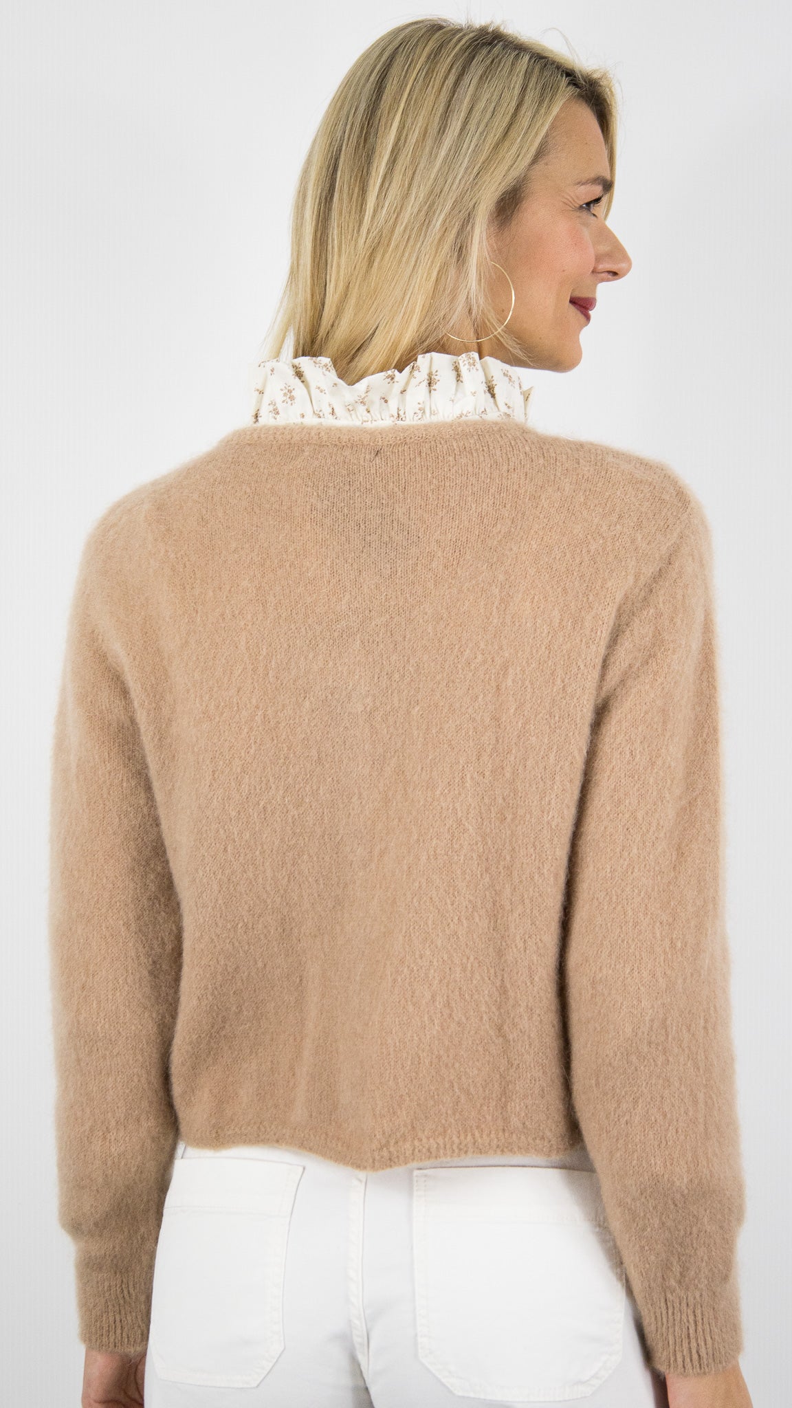CARDIGAN COURT EN KID MOHAIR POUR FEMME ANDROMEDE 24288#COLOR_CAMEL