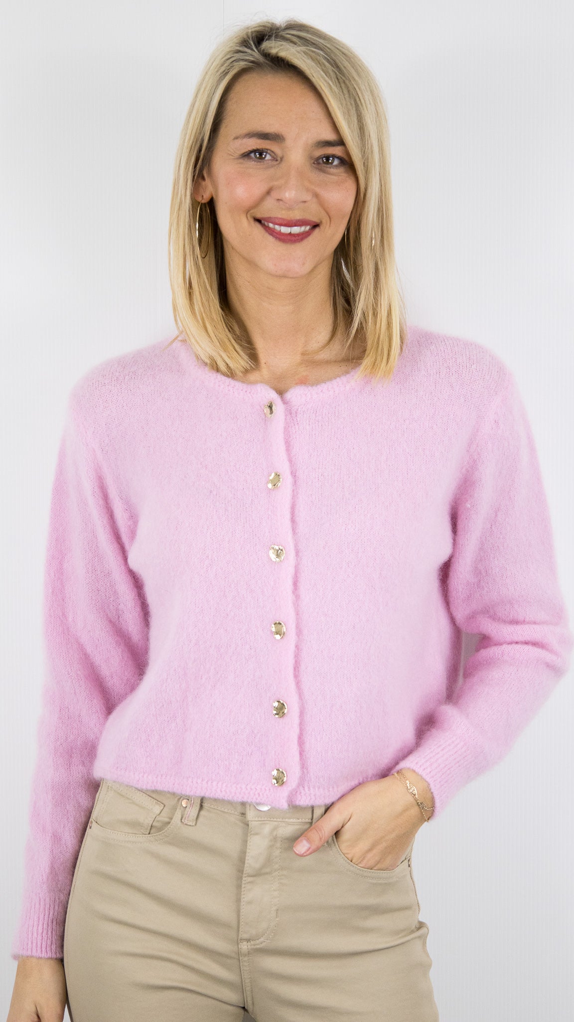 CARDIGAN COURT EN KID MOHAIR POUR FEMME ANDROMEDE 24288#COLOR_ROSE CLAIR