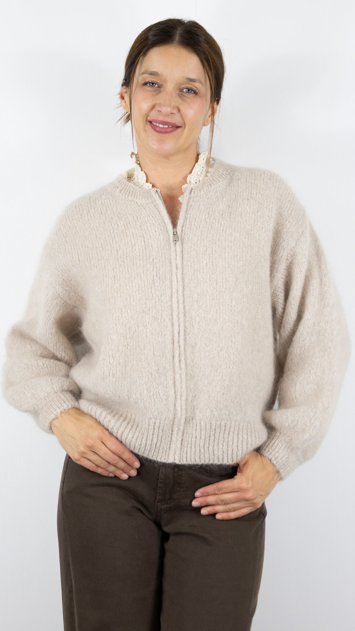 CARDIGAN ZIPPE FEMME NAIS 25060#COLOR_BEIGE