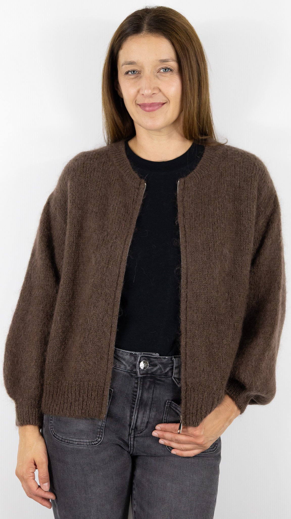 CARDIGAN ZIPPE FEMME NAIS 25060#COLOR_CHOCO