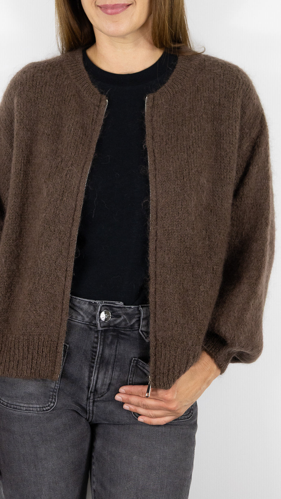 CARDIGAN ZIPPE FEMME NAIS 25060#COLOR_CHOCO