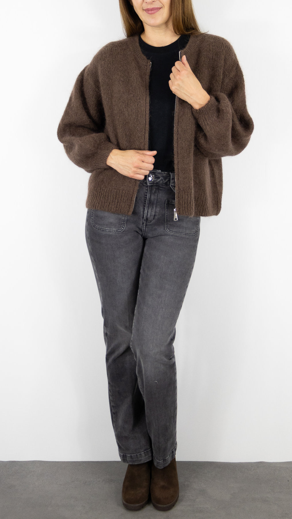 CARDIGAN ZIPPE FEMME NAIS 25060#COLOR_CHOCO