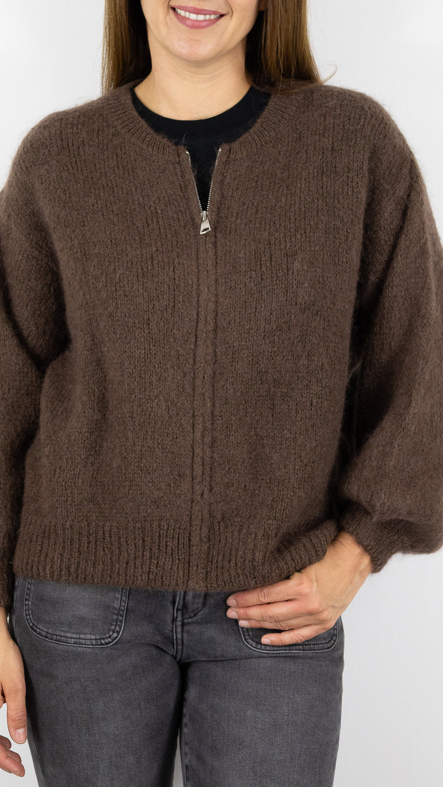 CARDIGAN ZIPPE FEMME NAIS 25060#COLOR_CHOCO