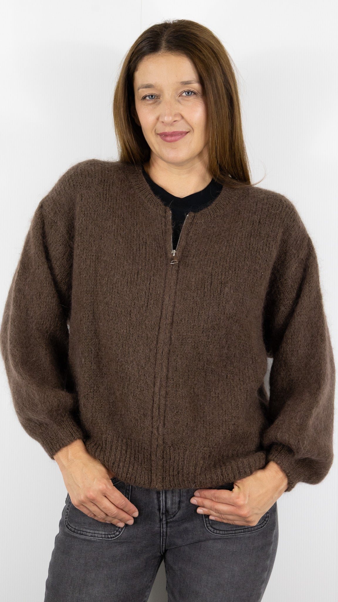 CARDIGAN ZIPPE FEMME NAIS 25060#COLOR_CHOCO