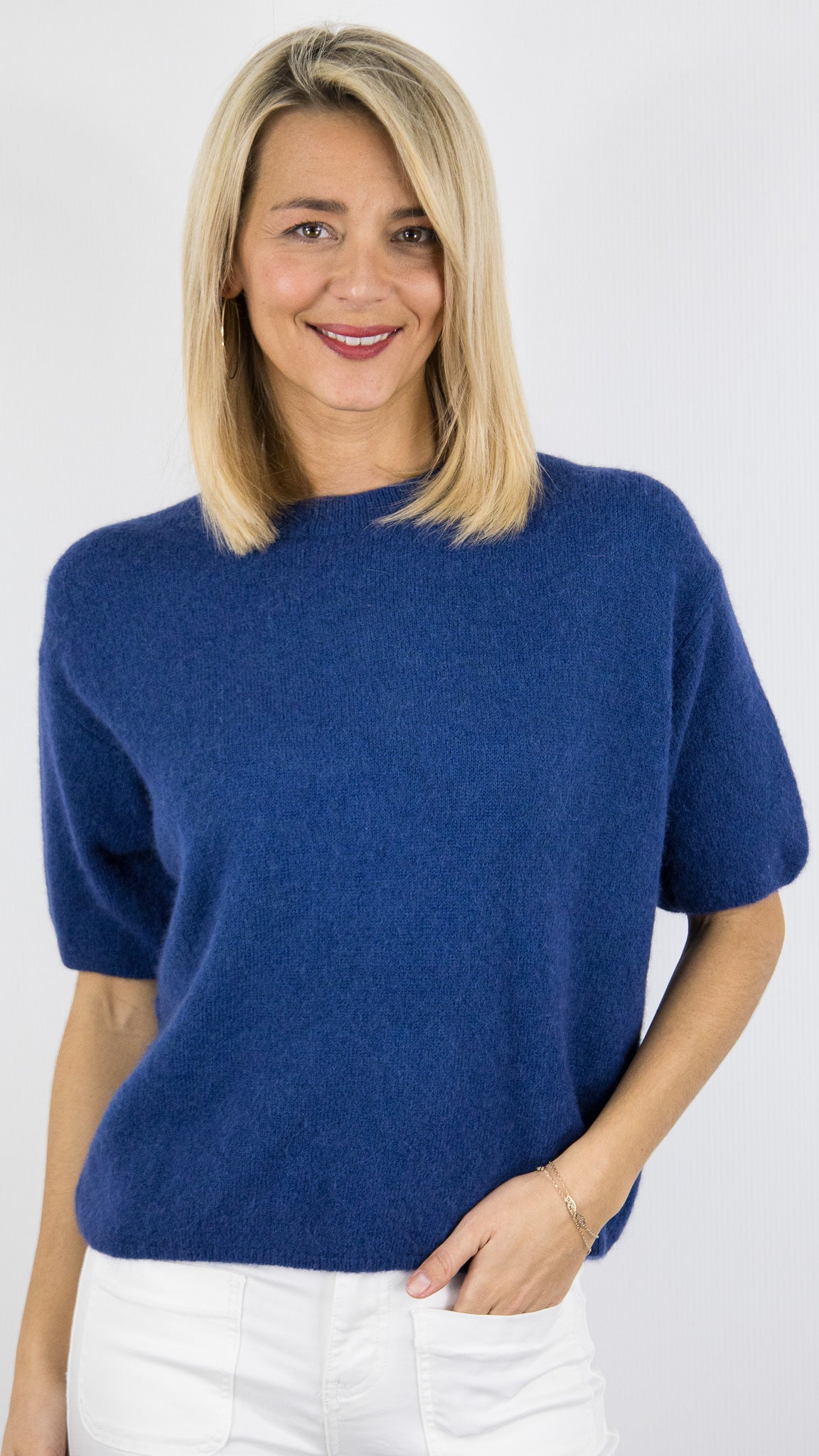 PULL COURT MANCHES 3/4 EN BABY ALPAGA POUR FEMME STUDIO PARISIEN 25061#COLOR_BLEU