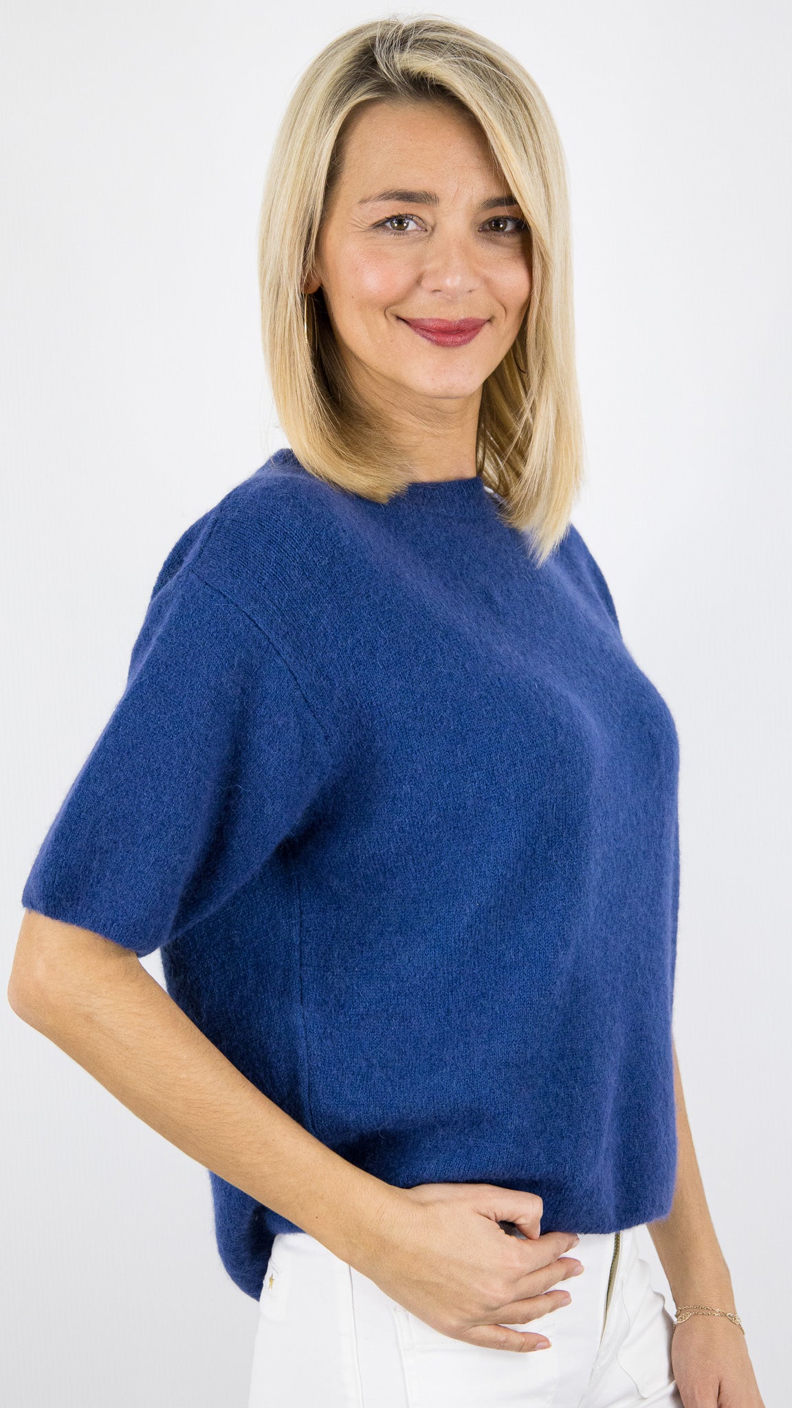 PULL COURT MANCHES 3/4 EN BABY ALPAGA POUR FEMME STUDIO PARISIEN 25061#COLOR_BLEU