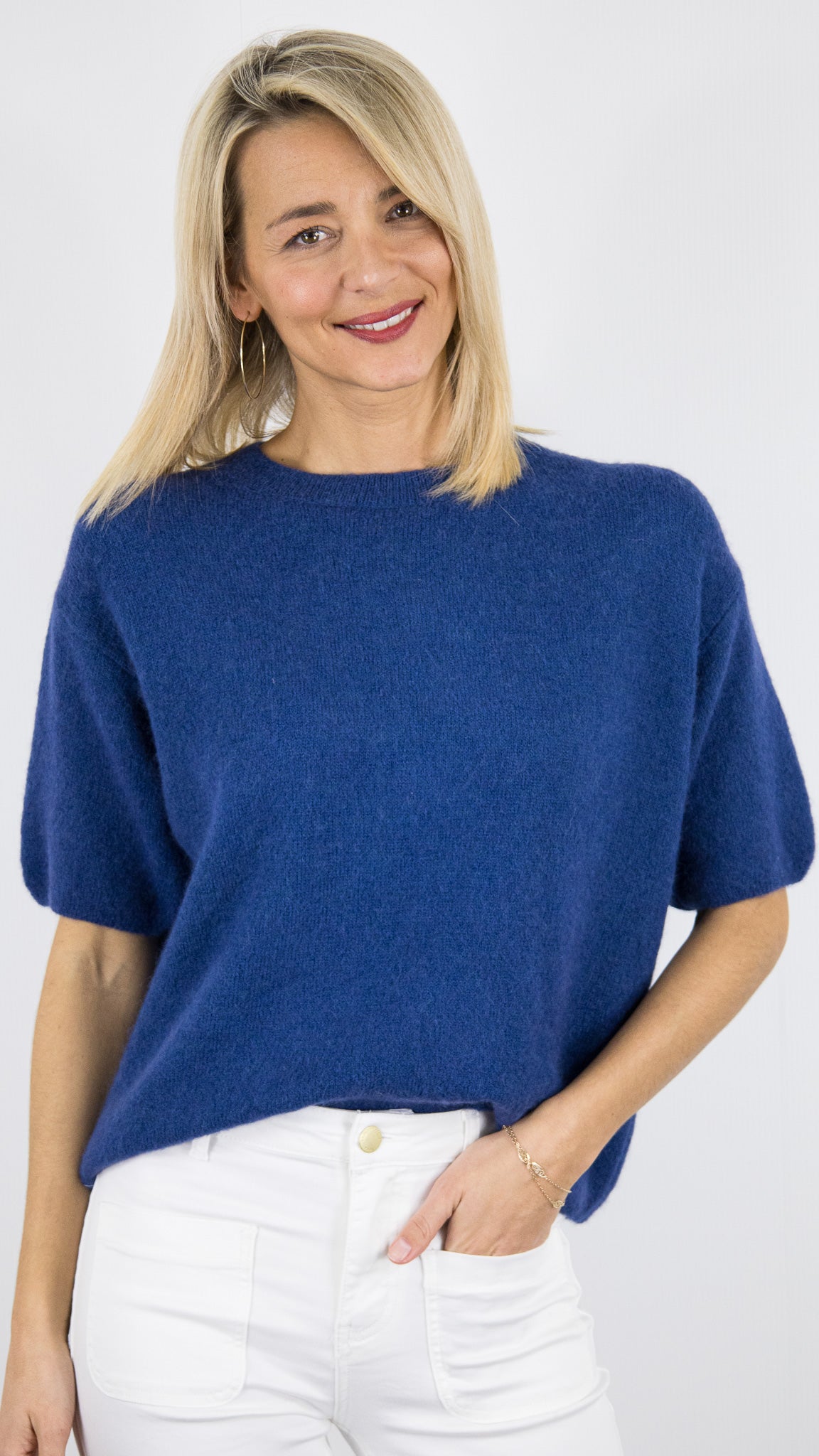 PULL COURT MANCHES 3/4 EN BABY ALPAGA POUR FEMME STUDIO PARISIEN 25061#COLOR_BLEU