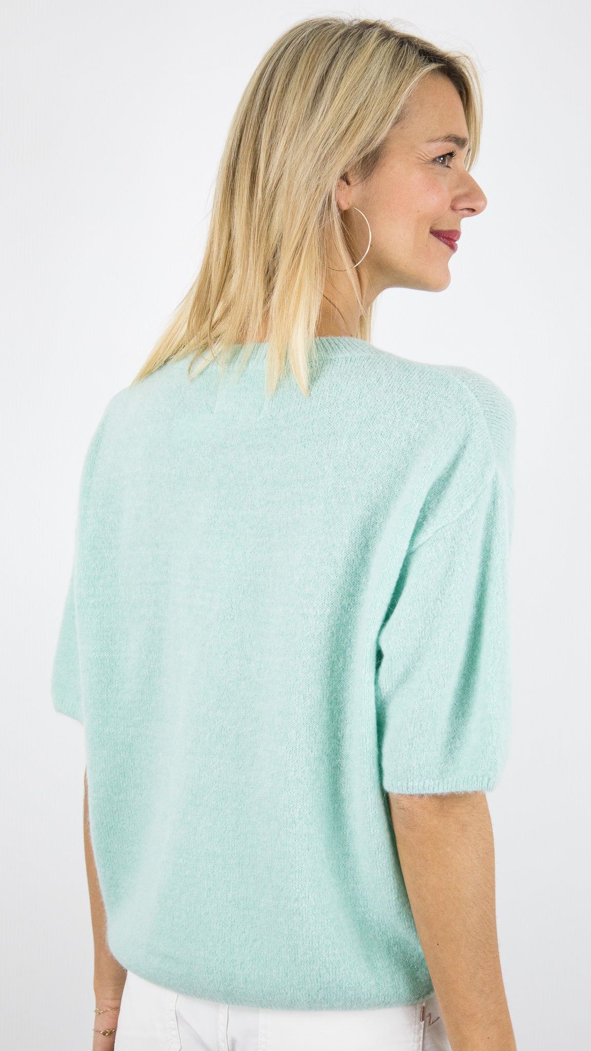 PULL COURT MANCHES 3/4 EN BABY ALPAGA POUR FEMME STUDIO PARISIEN 25061#COLOR_MINT