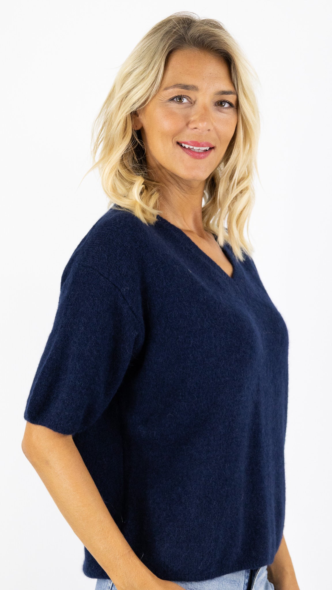 PULL COL V MANCHES 3/4 FEMME EN BABY ALPAGA STUDIO PARISIEN 25062#COLOR_BLEU