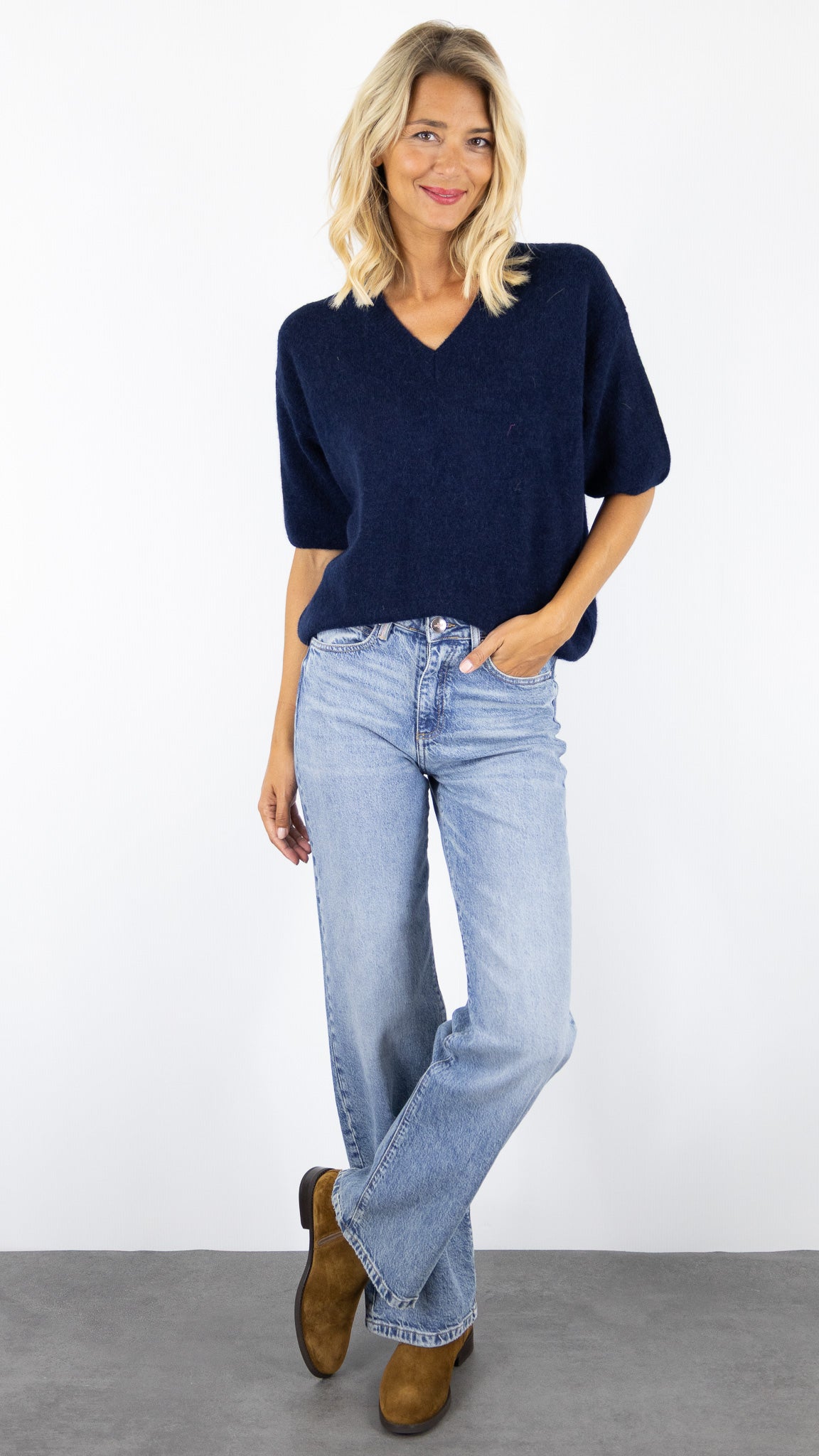 PULL COL V MANCHES 3/4 FEMME EN BABY ALPAGA STUDIO PARISIEN 25062#COLOR_BLEU