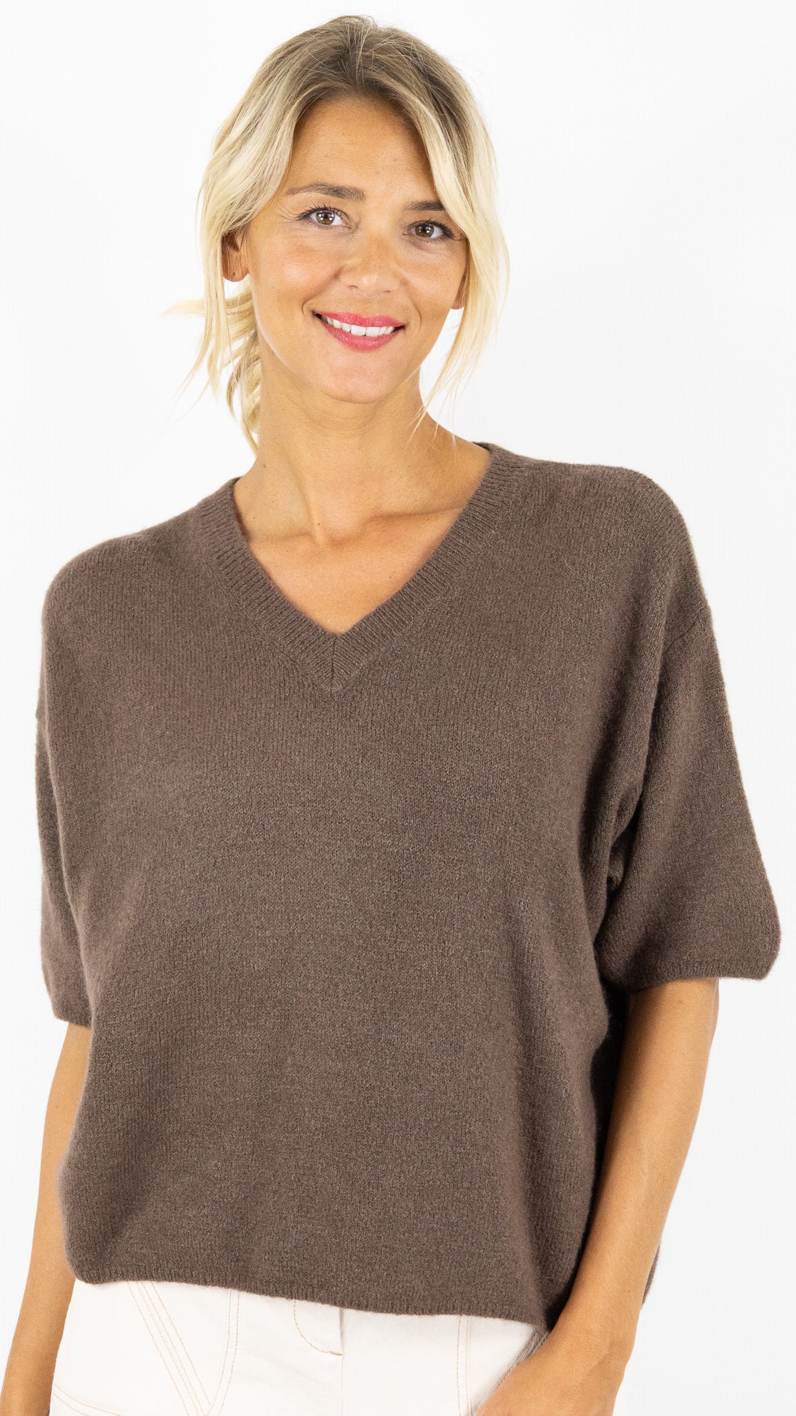 PULL COL V MANCHES 3/4 FEMME EN BABY ALPAGA STUDIO PARISIEN 25062#COLOR_CHOCO