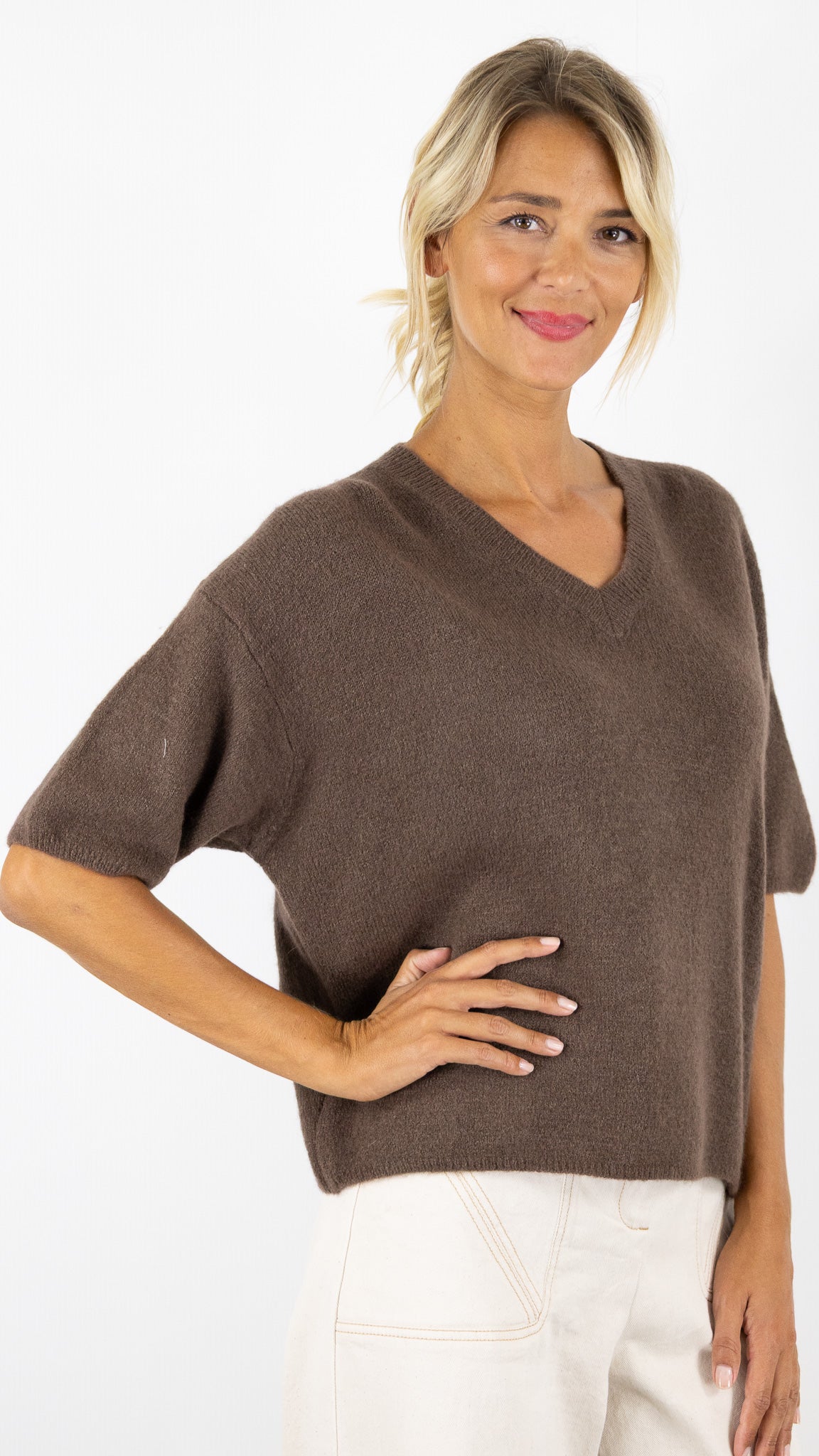 PULL COL V MANCHES 3/4 FEMME EN BABY ALPAGA STUDIO PARISIEN 25062#COLOR_CHOCO