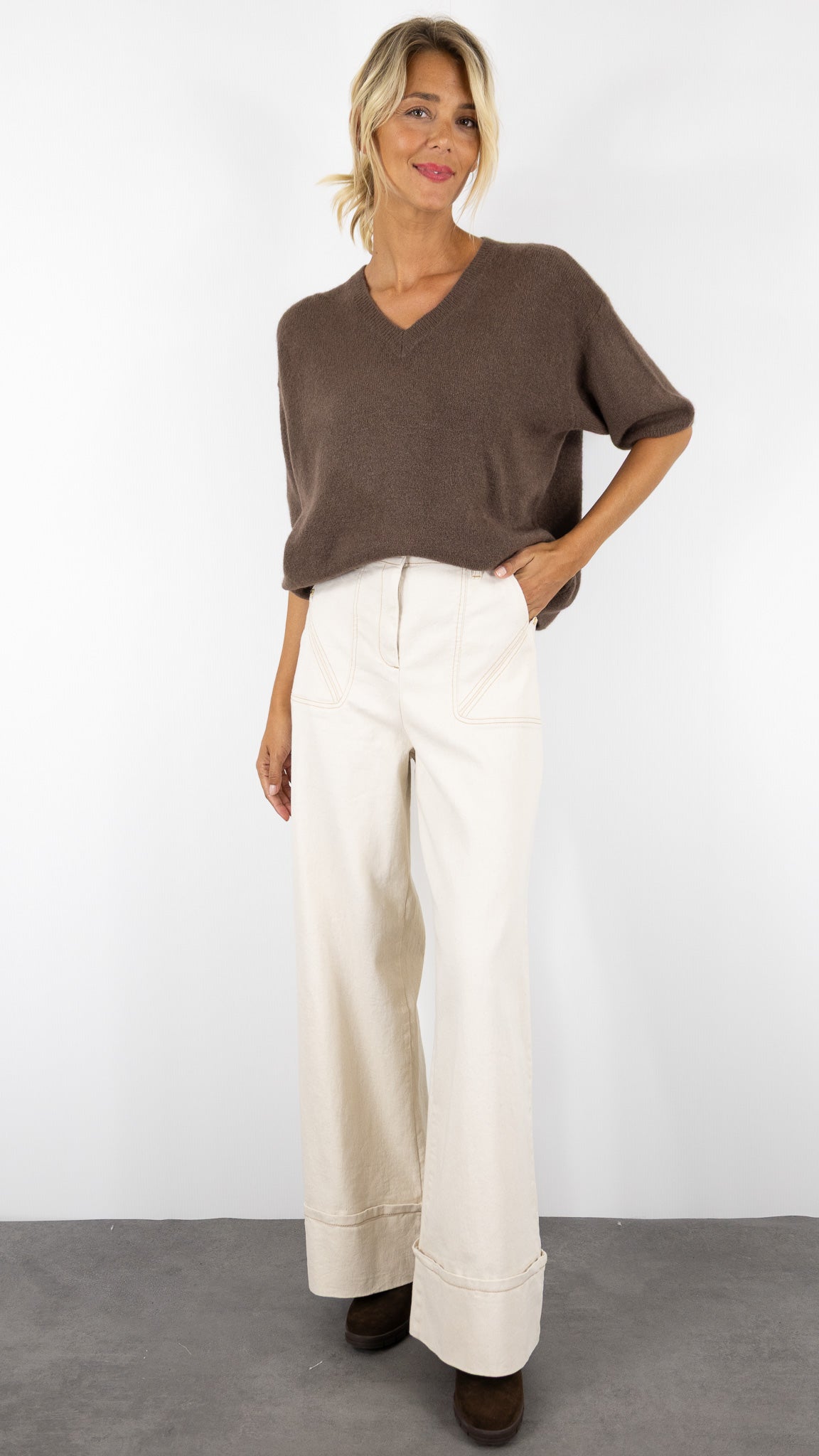 PULL COL V MANCHES 3/4 FEMME EN BABY ALPAGA STUDIO PARISIEN 25062#COLOR_CHOCO