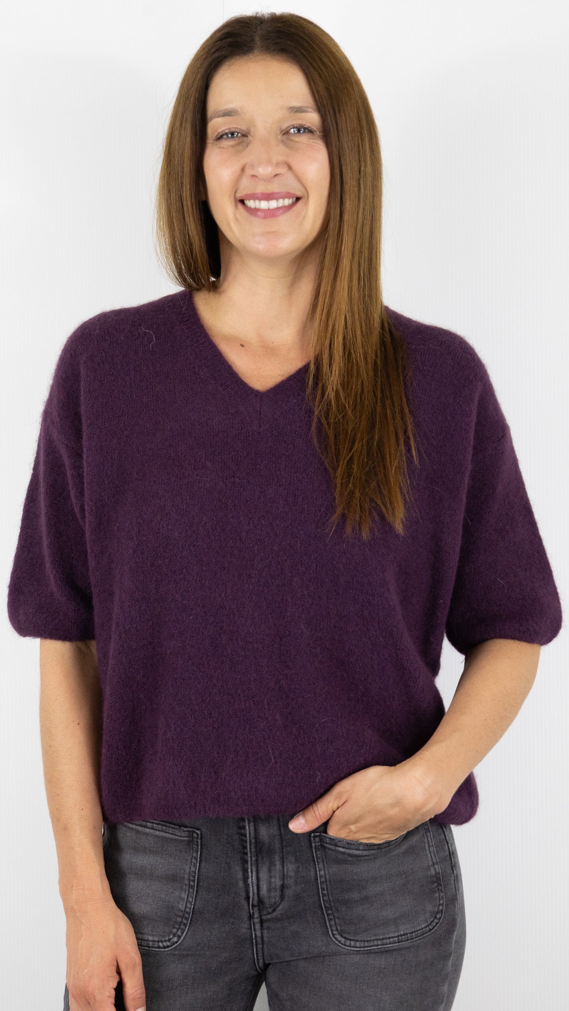 PULL COL V MANCHES 3/4 FEMME EN BABY ALPAGA STUDIO PARISIEN 25062#COLOR_PRUNE