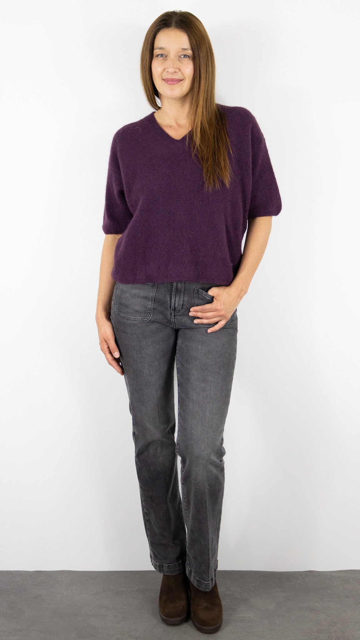 PULL COL V MANCHES 3/4 FEMME EN BABY ALPAGA STUDIO PARISIEN 25062#COLOR_PRUNE
