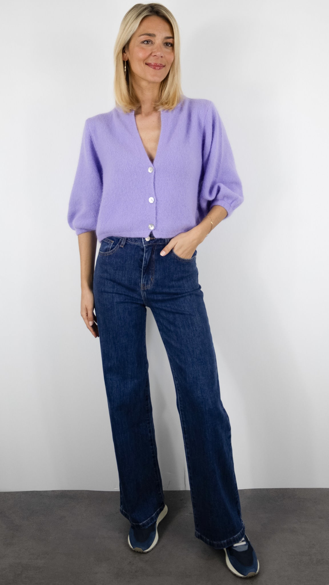 GILET CARDIGAN COURT MANCHES3/4 EN LAINE POUR FEMME NAIS 25660#COLOR_LILAS