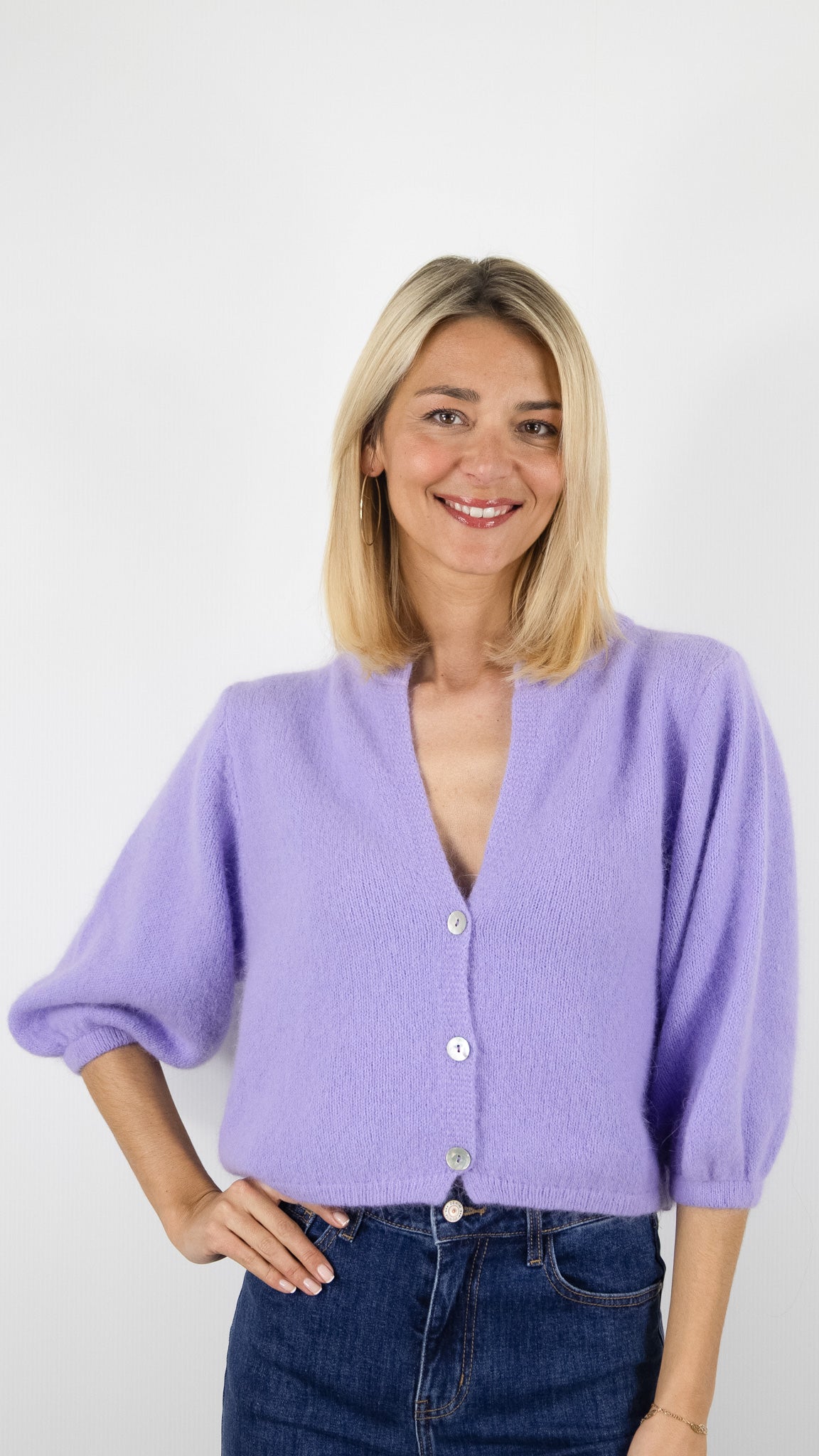 GILET CARDIGAN COURT MANCHES3/4 EN LAINE POUR FEMME NAIS 25660#COLOR_LILAS