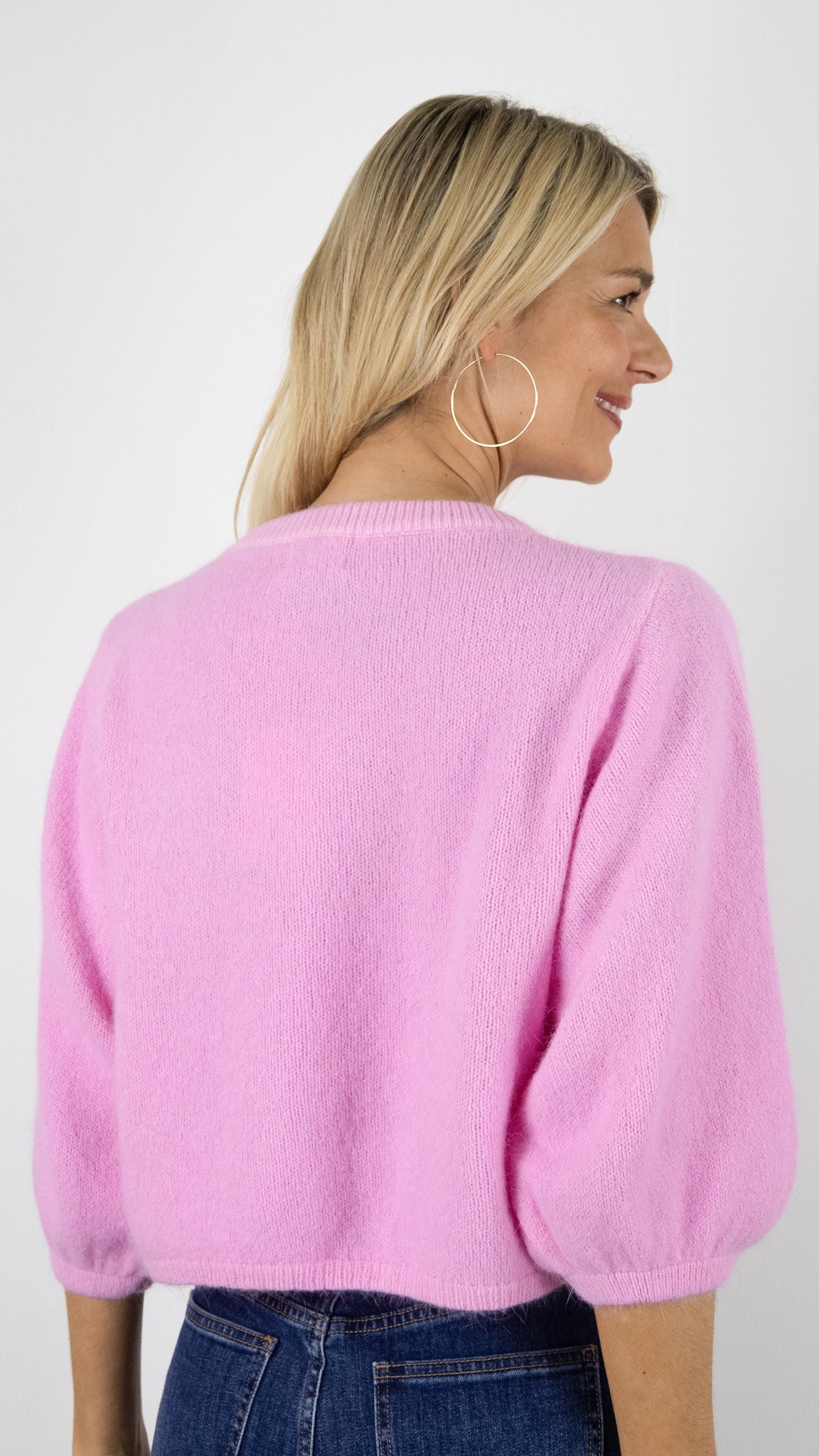 GILET CARDIGAN COURT MANCHES3/4 EN LAINE POUR FEMME NAIS 25660#COLOR_ROSE BEBE