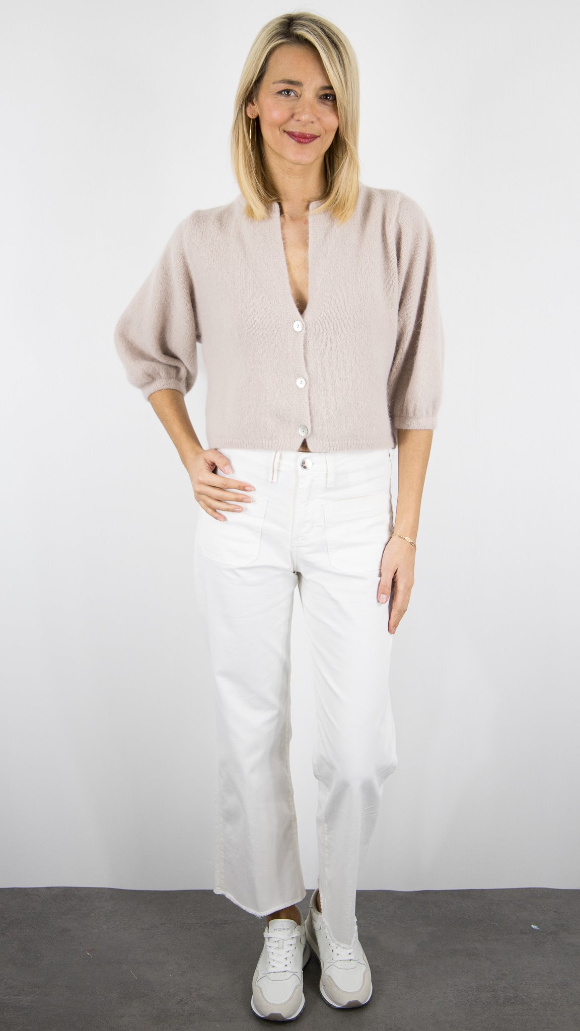 GILET CARDIGAN COURT MANCHES3/4 EN LAINE POUR FEMME NAIS 25660#COLOR_BEIGE