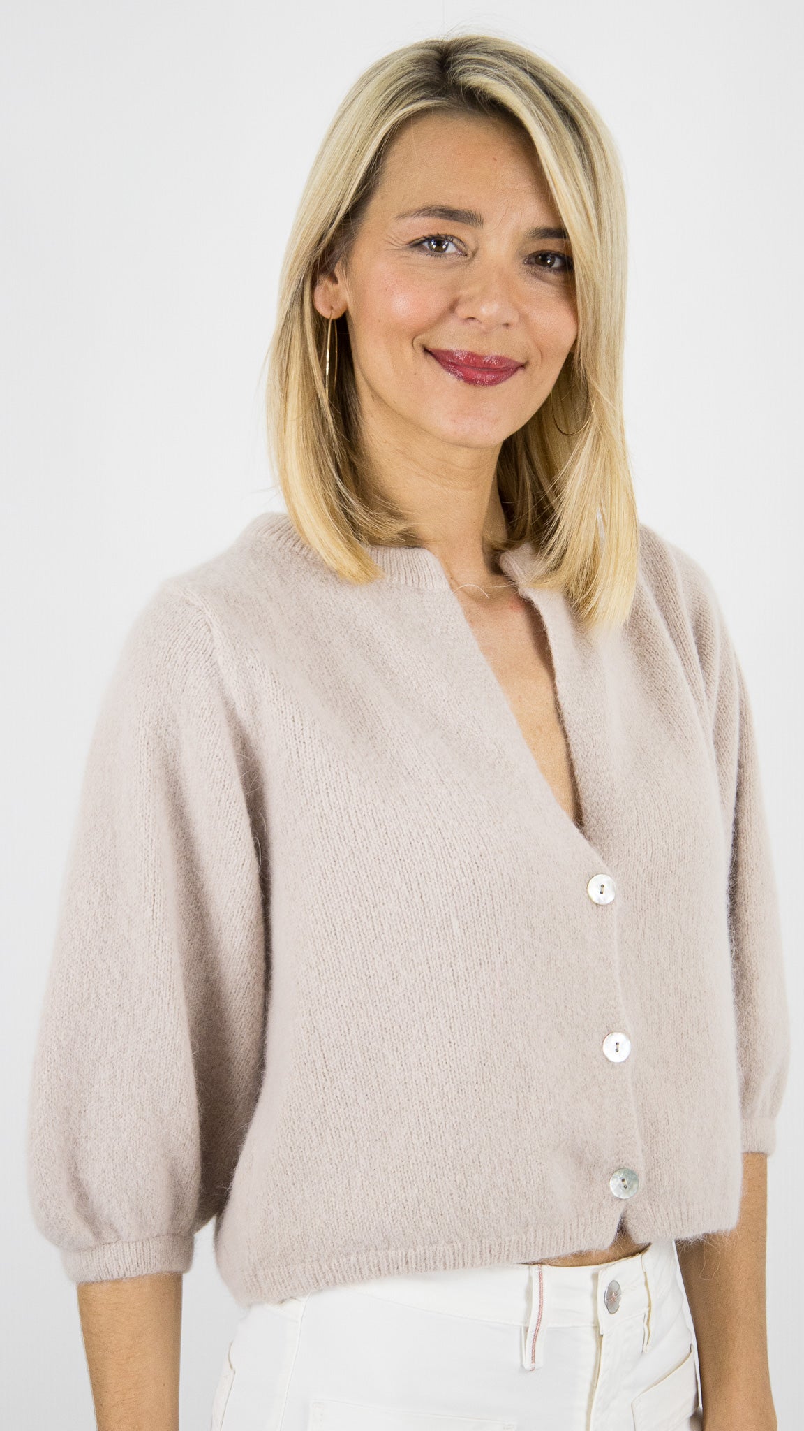 GILET CARDIGAN COURT MANCHES3/4 EN LAINE POUR FEMME NAIS 25660#COLOR_BEIGE