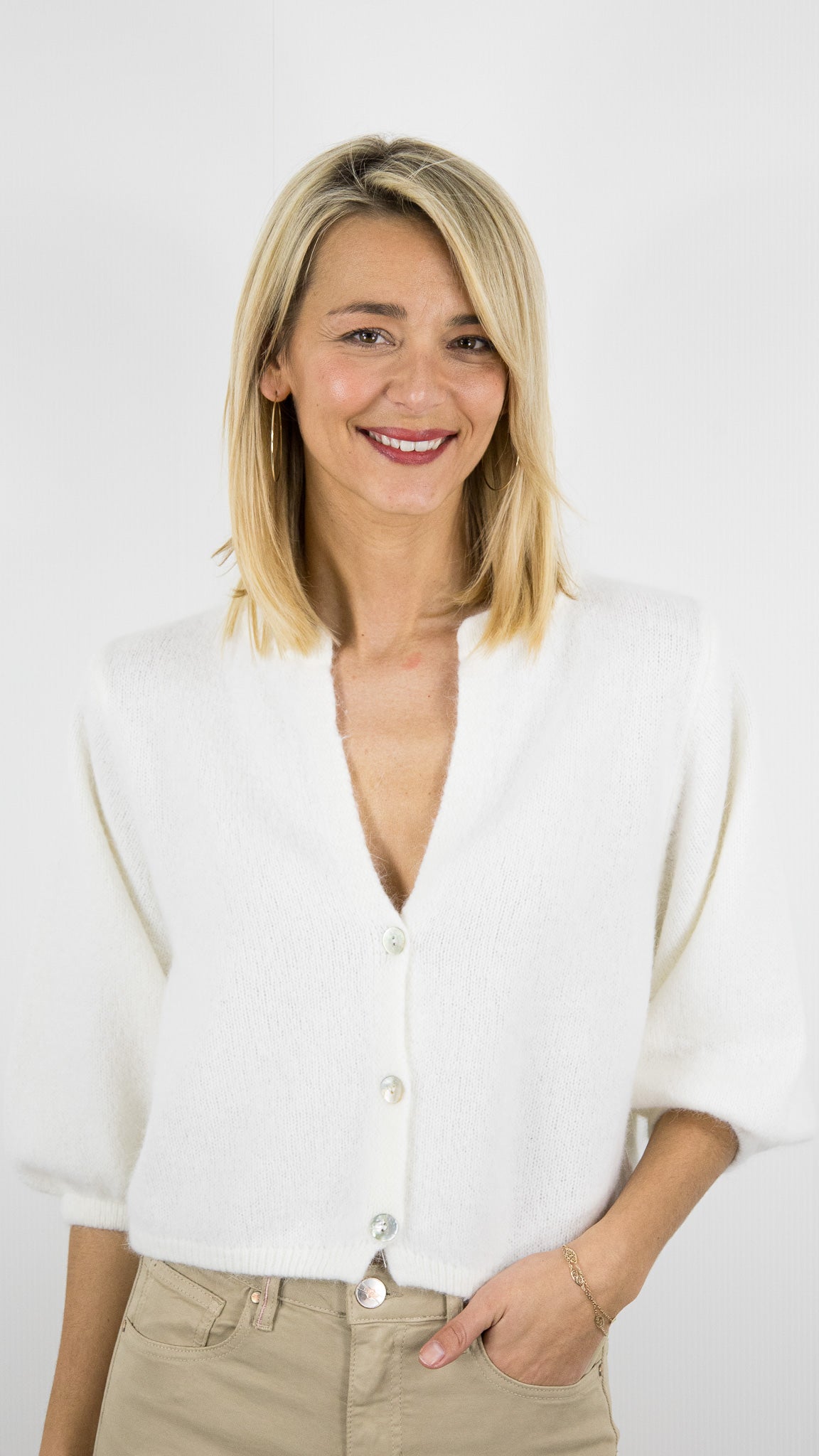 GILET CARDIGAN COURT MANCHES3/4 EN LAINE POUR FEMME NAIS 25660#COLOR_ECRU