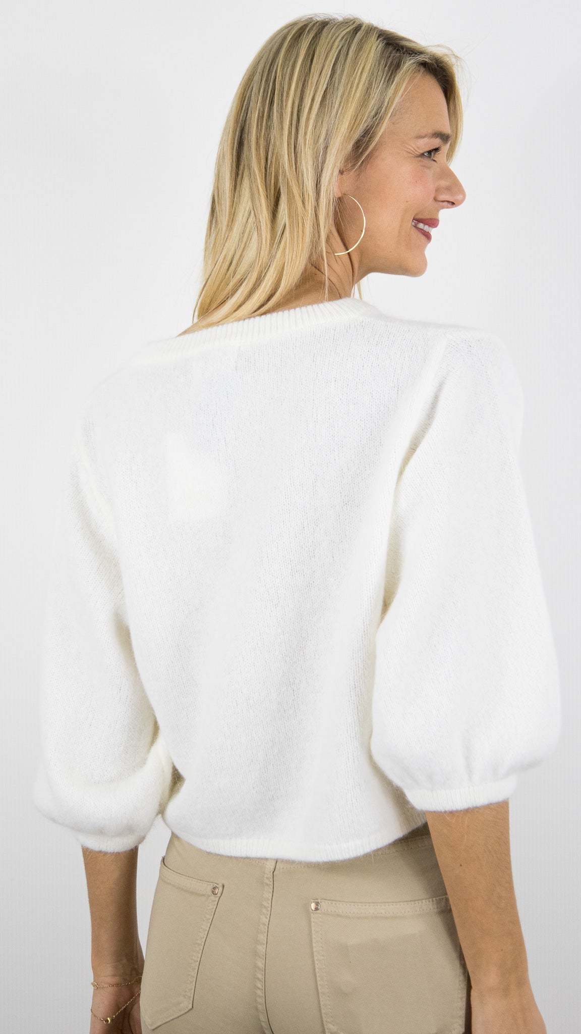 GILET CARDIGAN COURT MANCHES3/4 EN LAINE POUR FEMME NAIS 25660#COLOR_ECRU