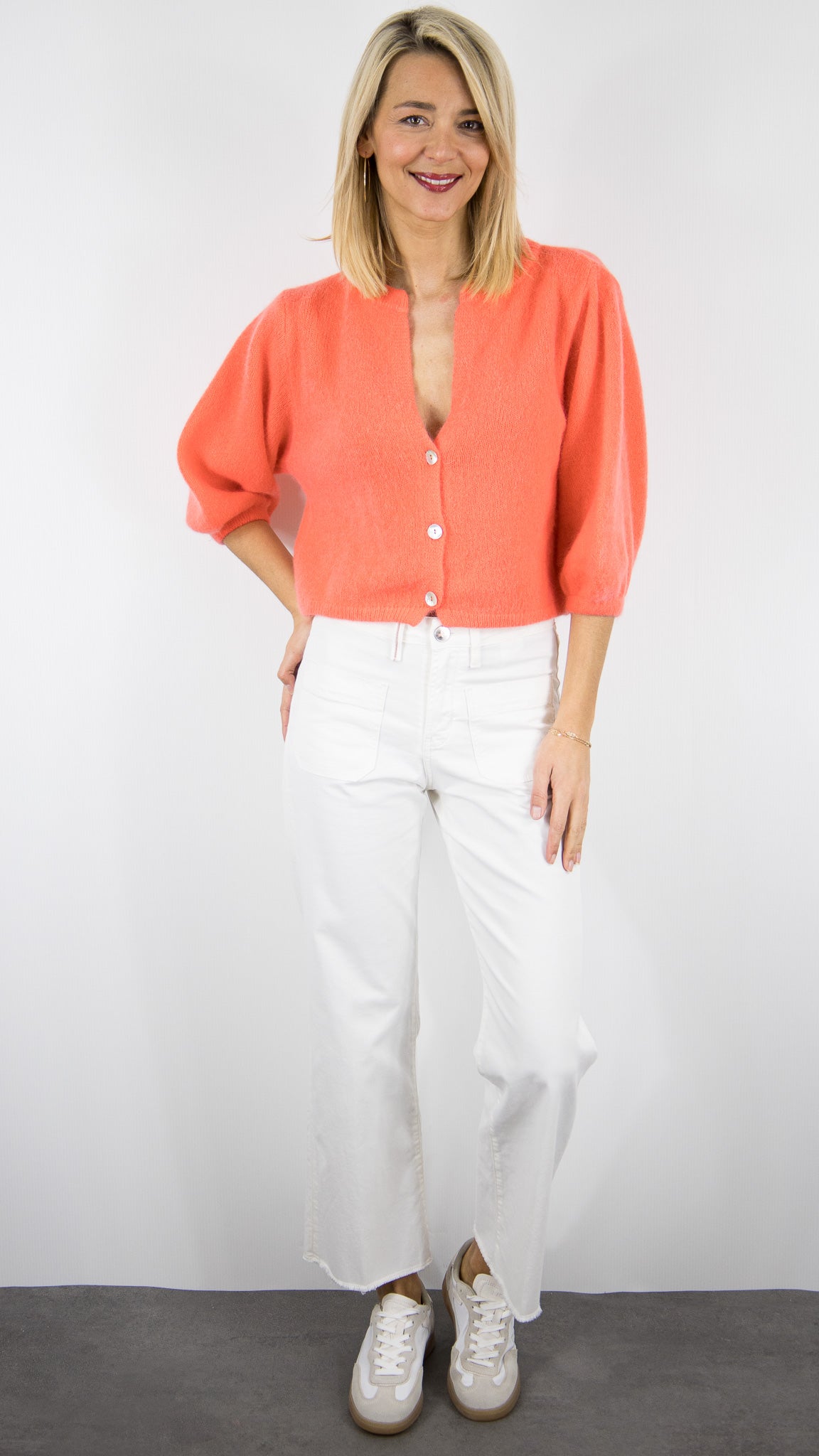 GILET CARDIGAN COURT MANCHES3/4 EN LAINE POUR FEMME NAIS 25660#COLOR_ORANGE