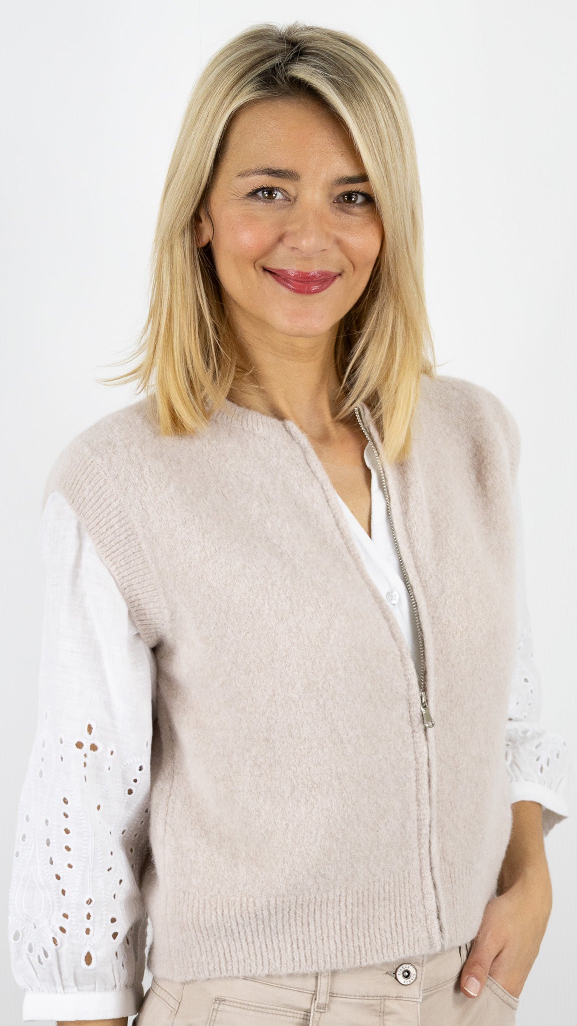 GILET SANS MANCHES ZIPPE STUDIO PARISIEN 25681#color_BEIGE