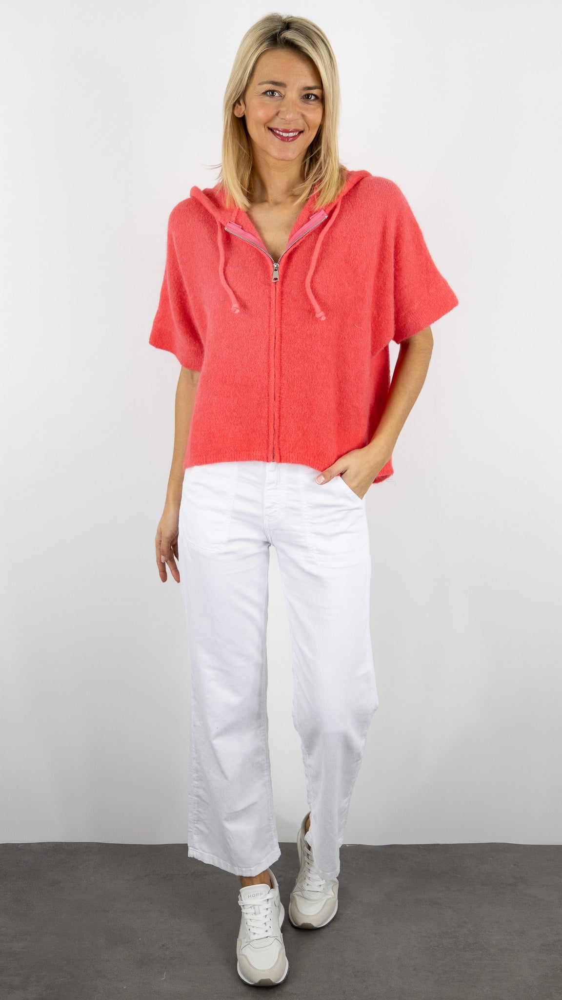 GILET A CAPUCHE ZIPPE MANCHES 3/4 POUR FEMME STUDIO PARISIEN 25683#COLOR_CORAIL