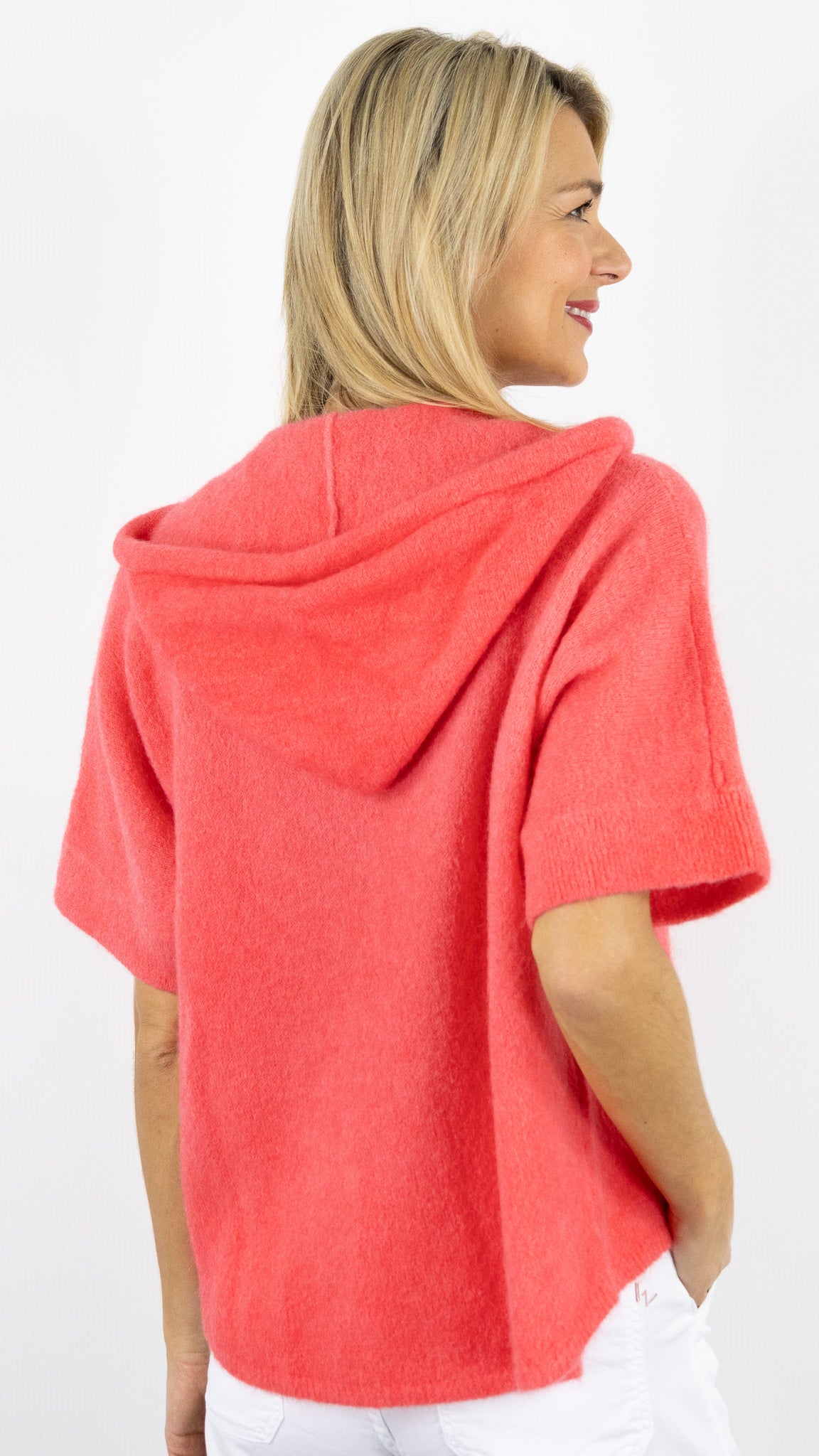 GILET A CAPUCHE ZIPPE MANCHES 3/4 POUR FEMME STUDIO PARISIEN 25683#COLOR_CORAIL