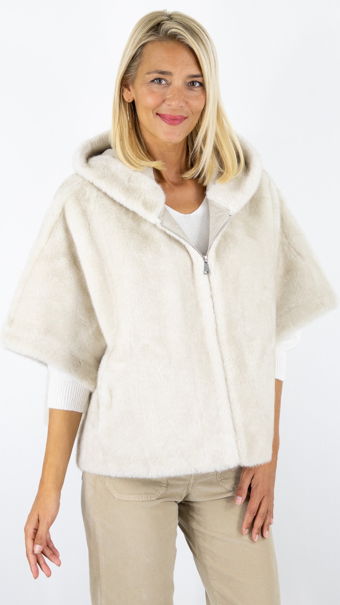 VESTE A CAPUCHE MANCHESC OURTE EN FAUSSE FOURRURE POUR FEMME VOUS 280711#COLOR_BEIGE