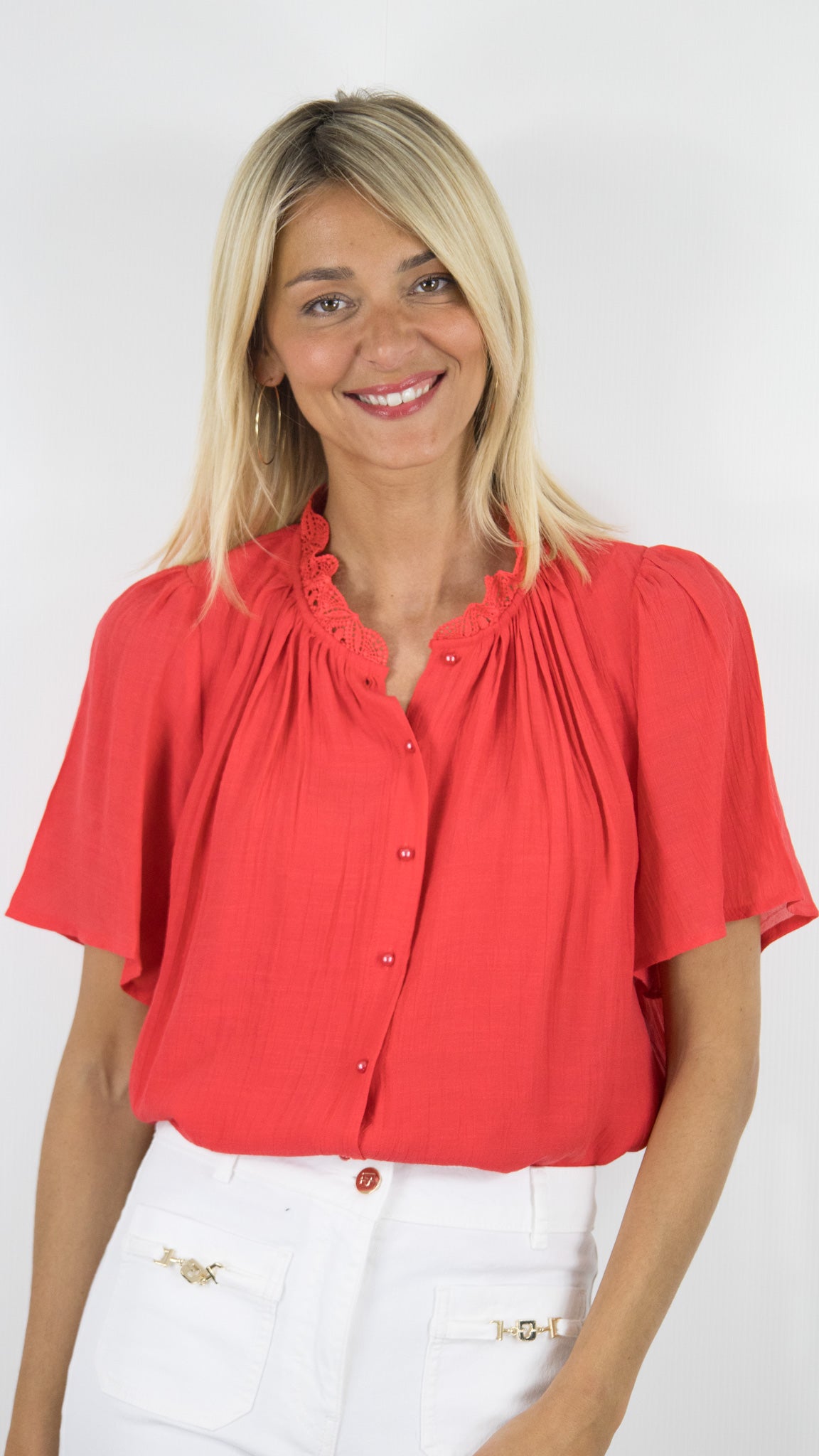 TOP FLUIDE MANCHES COURTES AVEC COL MONTANT DN DENTELLE IVOIRE YCOO 30382#COLOR_CORAIL