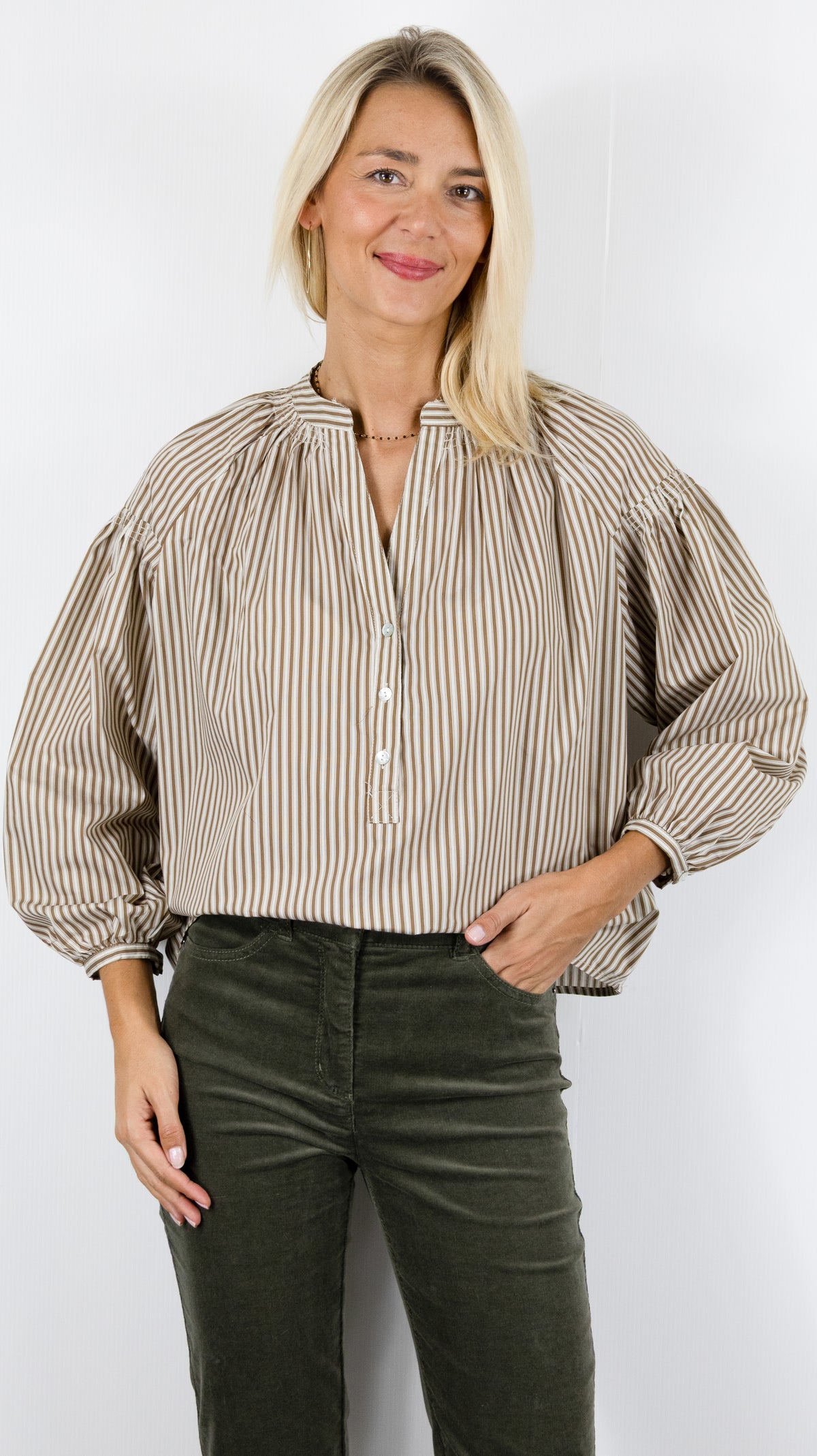 BLOUSE RAYEE AMPLE EN COTON MARRON LILI ET LALA 5183-2113