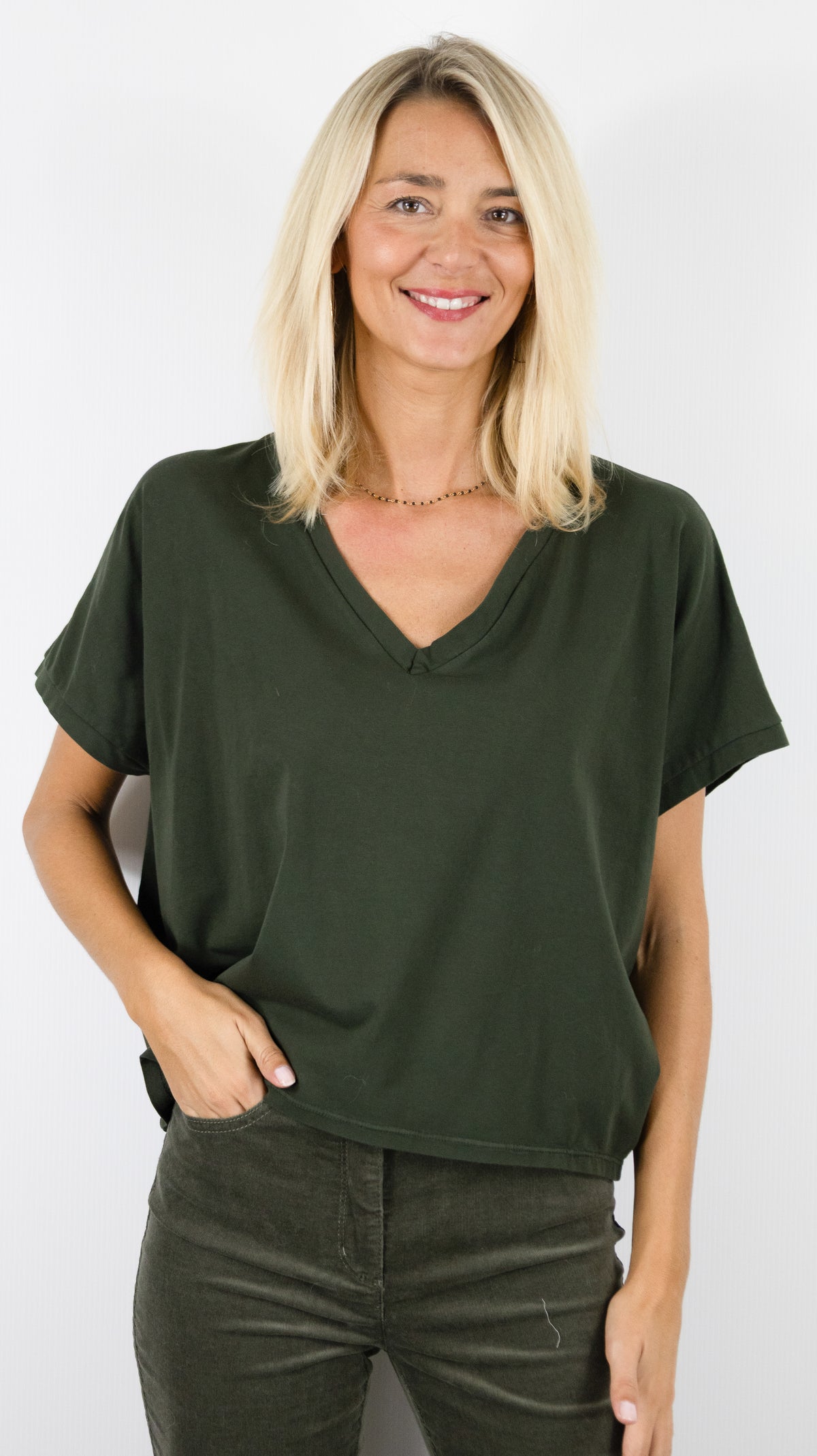 TEE-SHIRT V AMPLE EN COTON BLANC POUR FEMME LUK AP LK0037 H27#COLOR_KAKI
