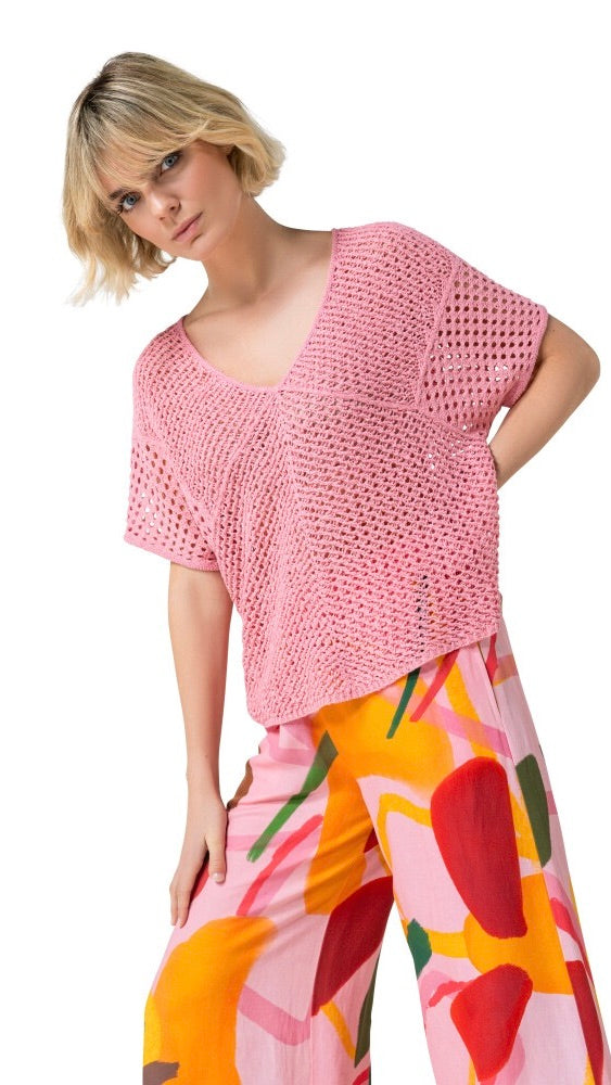PULL MANCHES COURTES COL V EN MAILLE CAROLINE BISS 3230#COLOR_72/ROSE FONCE