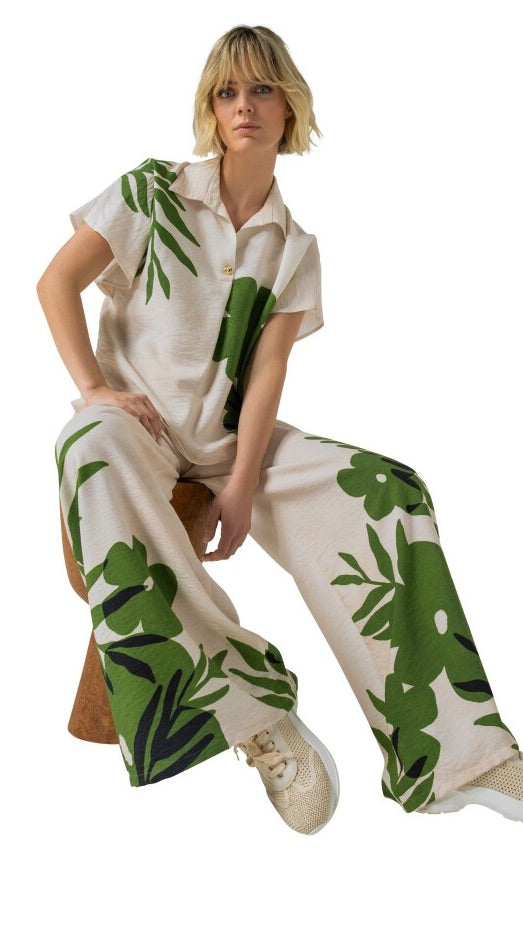 PANTALON LARGE FLUIDE IMPRIME FLEUR ECRU VERT POUR FEMME CAROLINE BISS 3580
